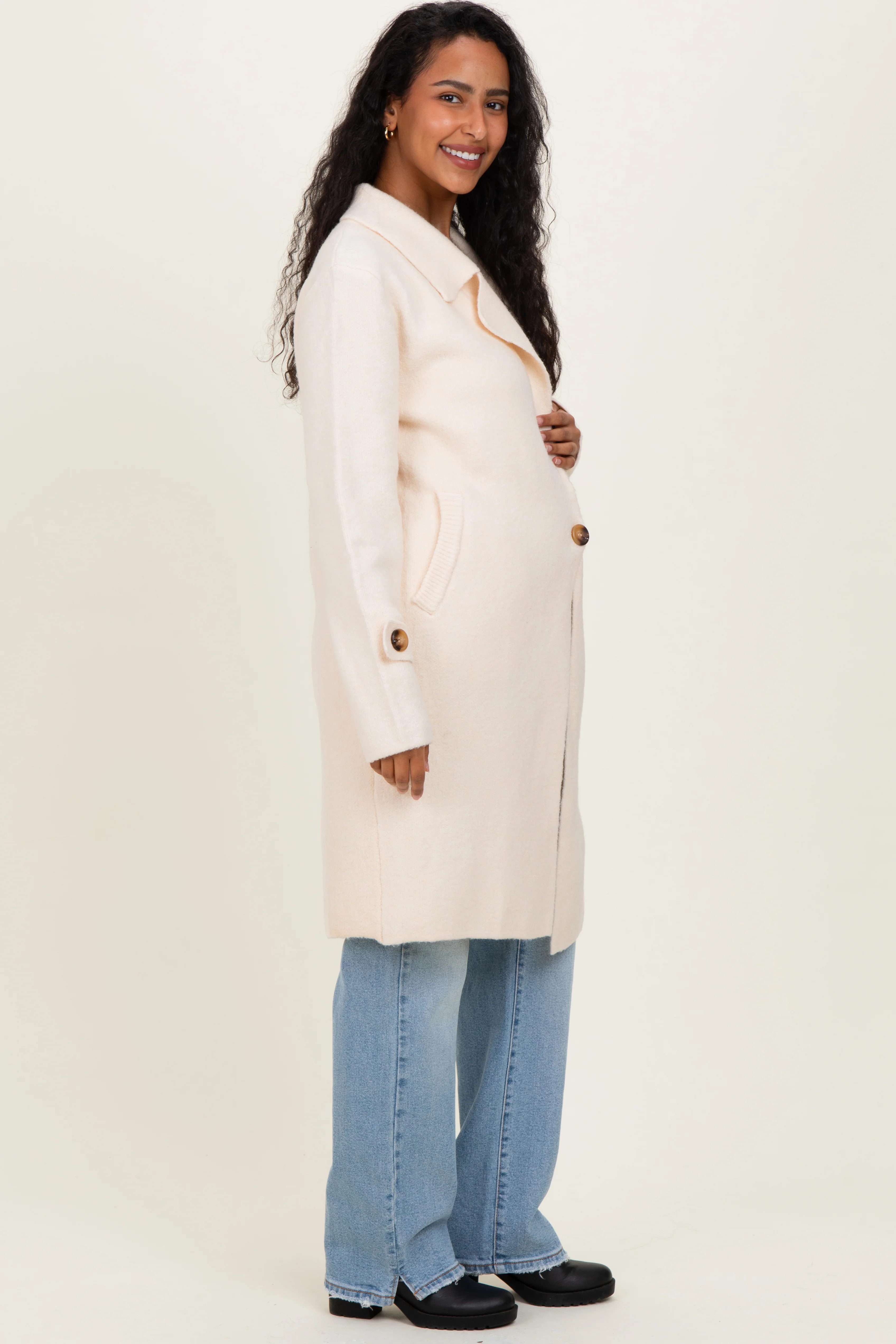 Ivory Knit Long Maternity Sweater Coat - Image 4