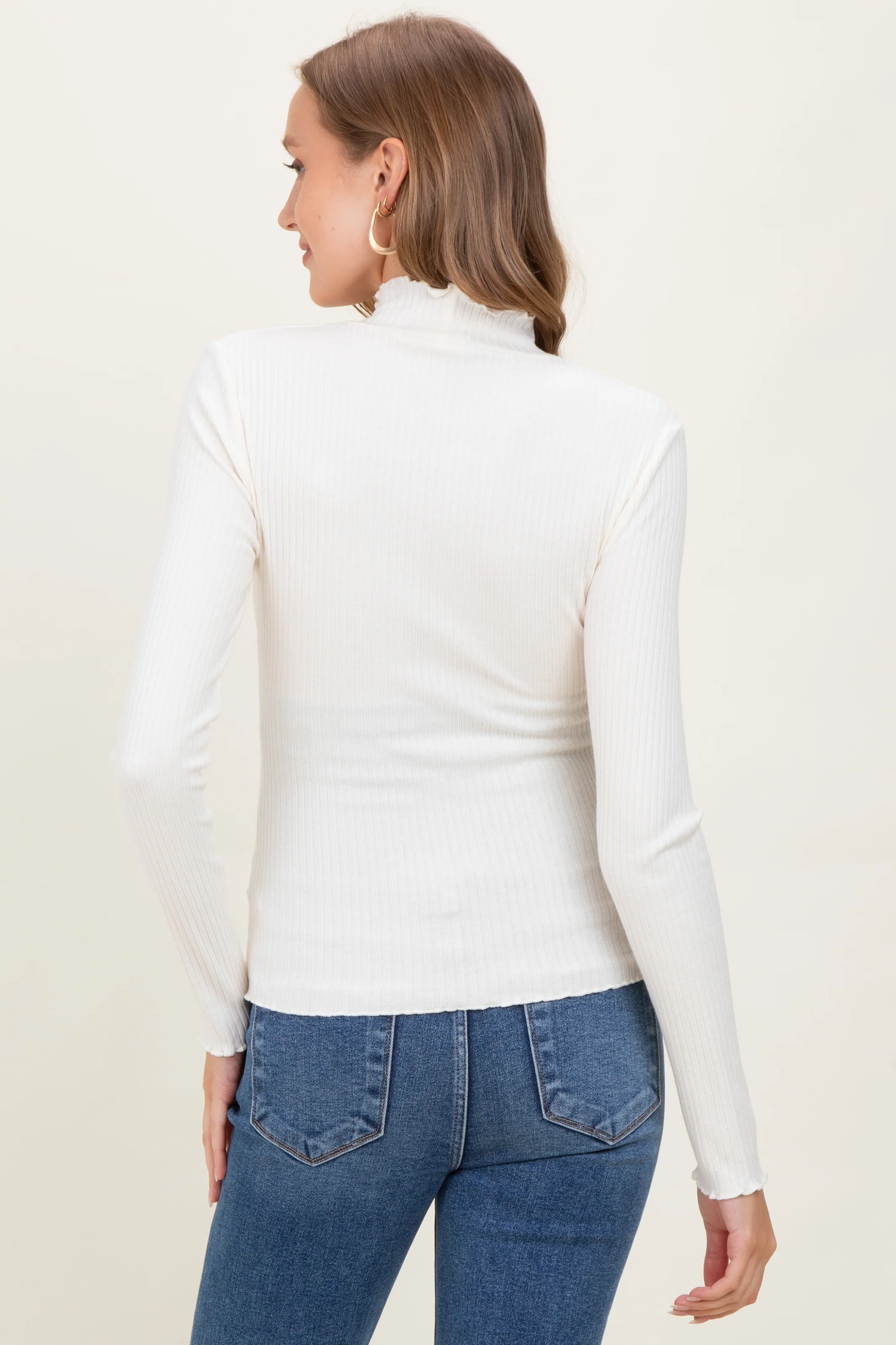 Ivory Lettuce Edge Mock Neck Long Sleeve Rib Maternity Top - Image 4