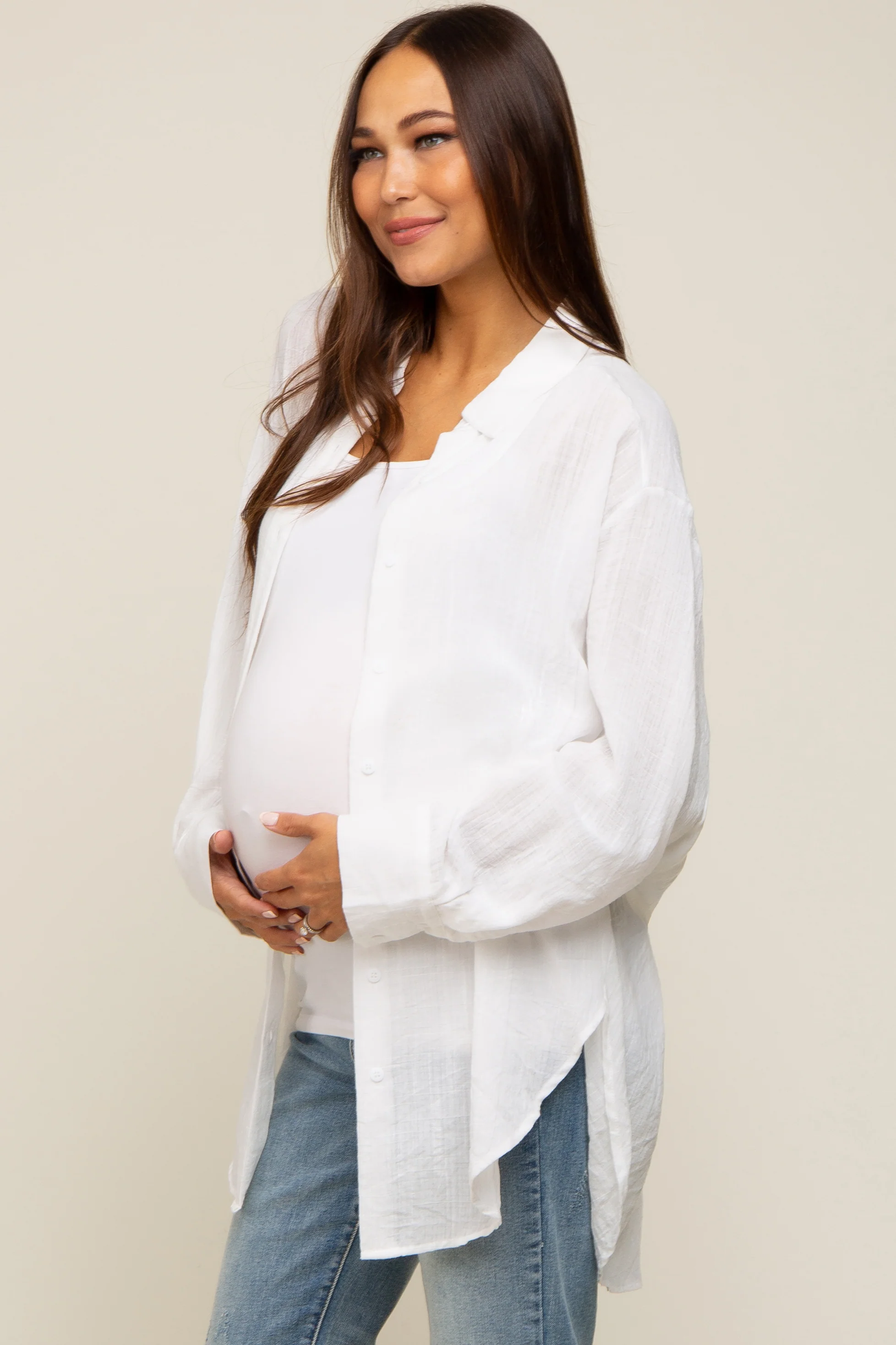 Ivory Lightweight Sheer Button Down Maternity Blouse - Image 3