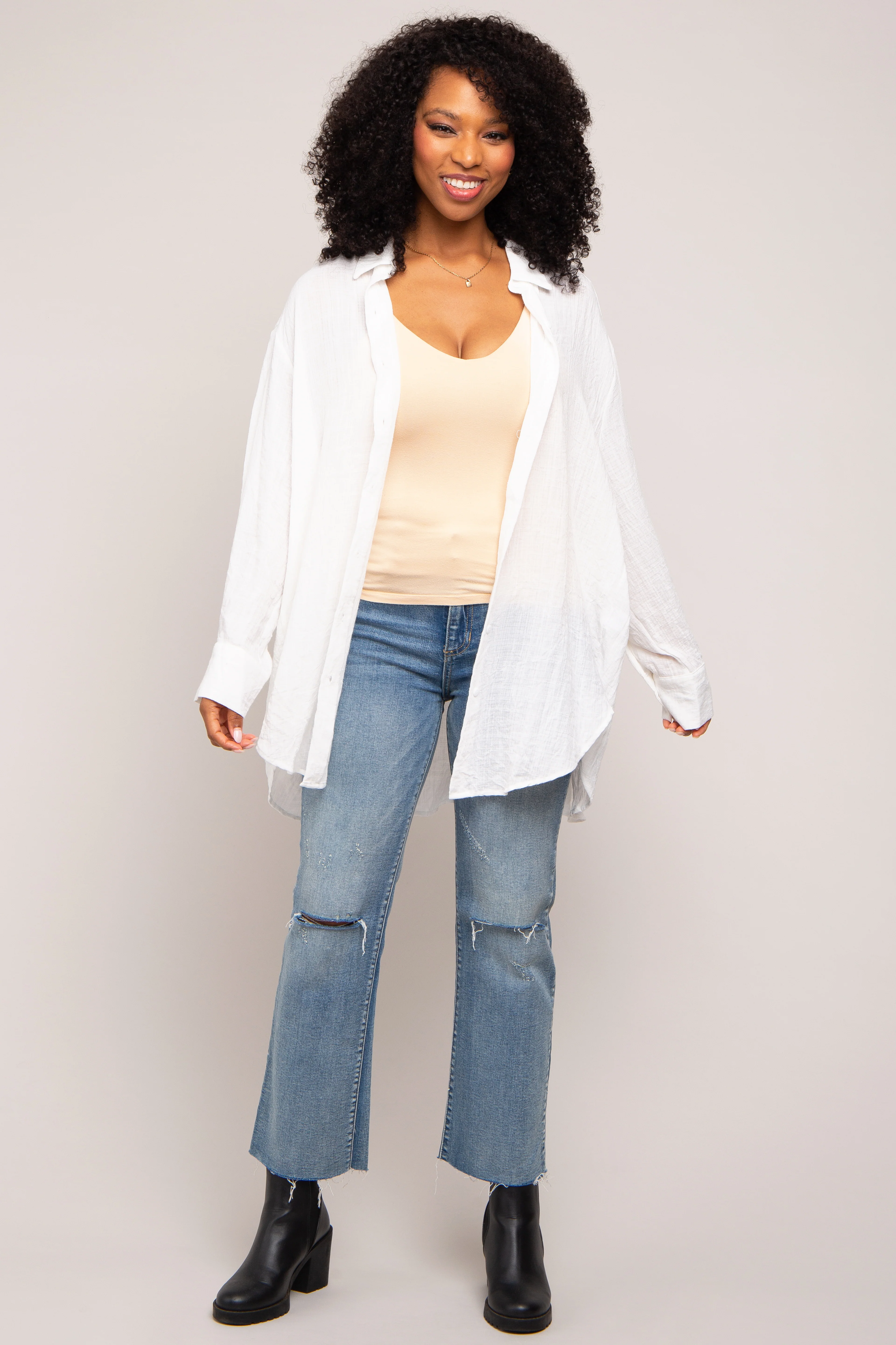 Ivory Lightweight Sheer Button Down Maternity Blouse - Image 5