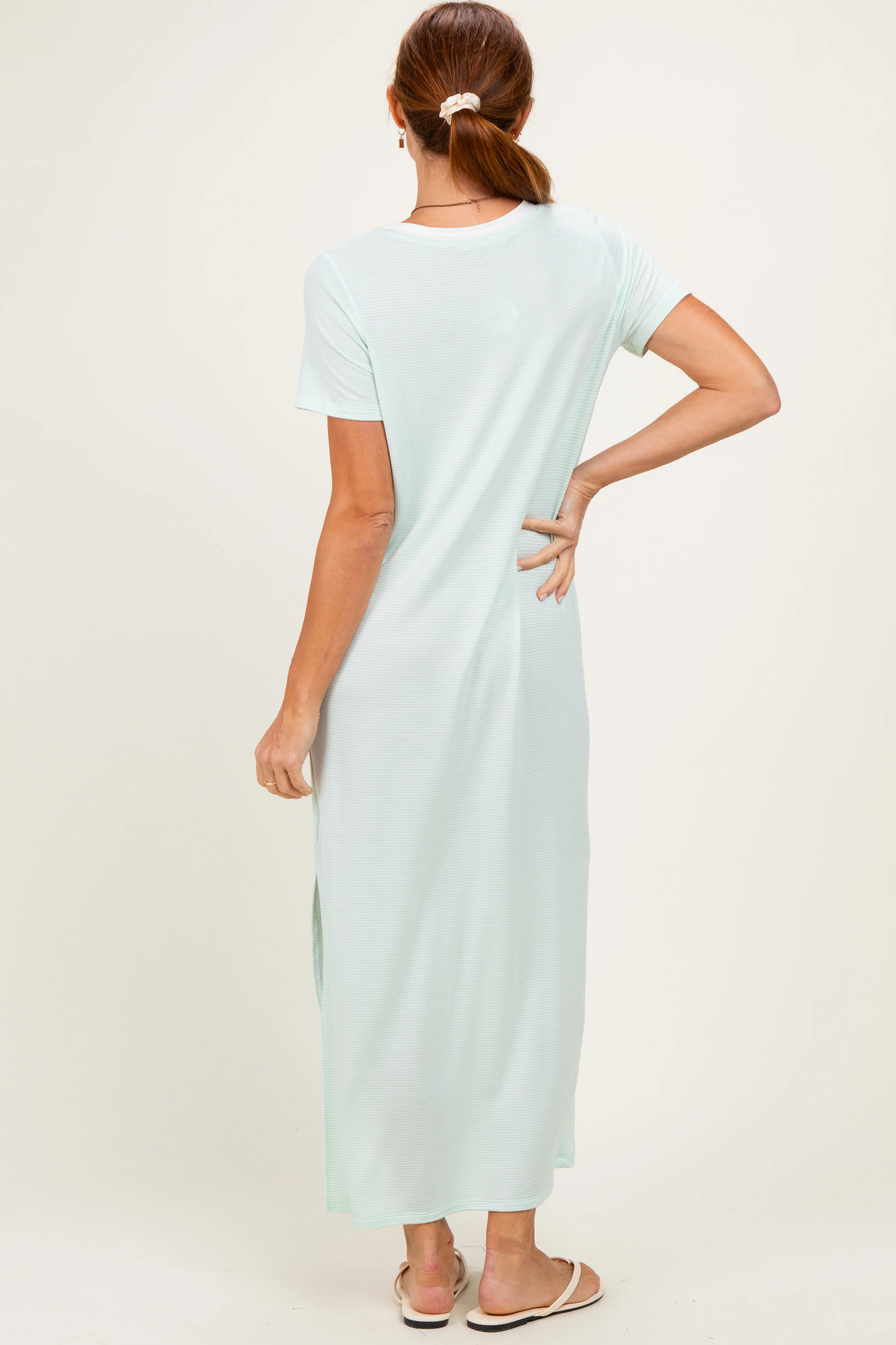 Ivory/ Mint Striped Short Sleeve Maxi Dress - Image 3