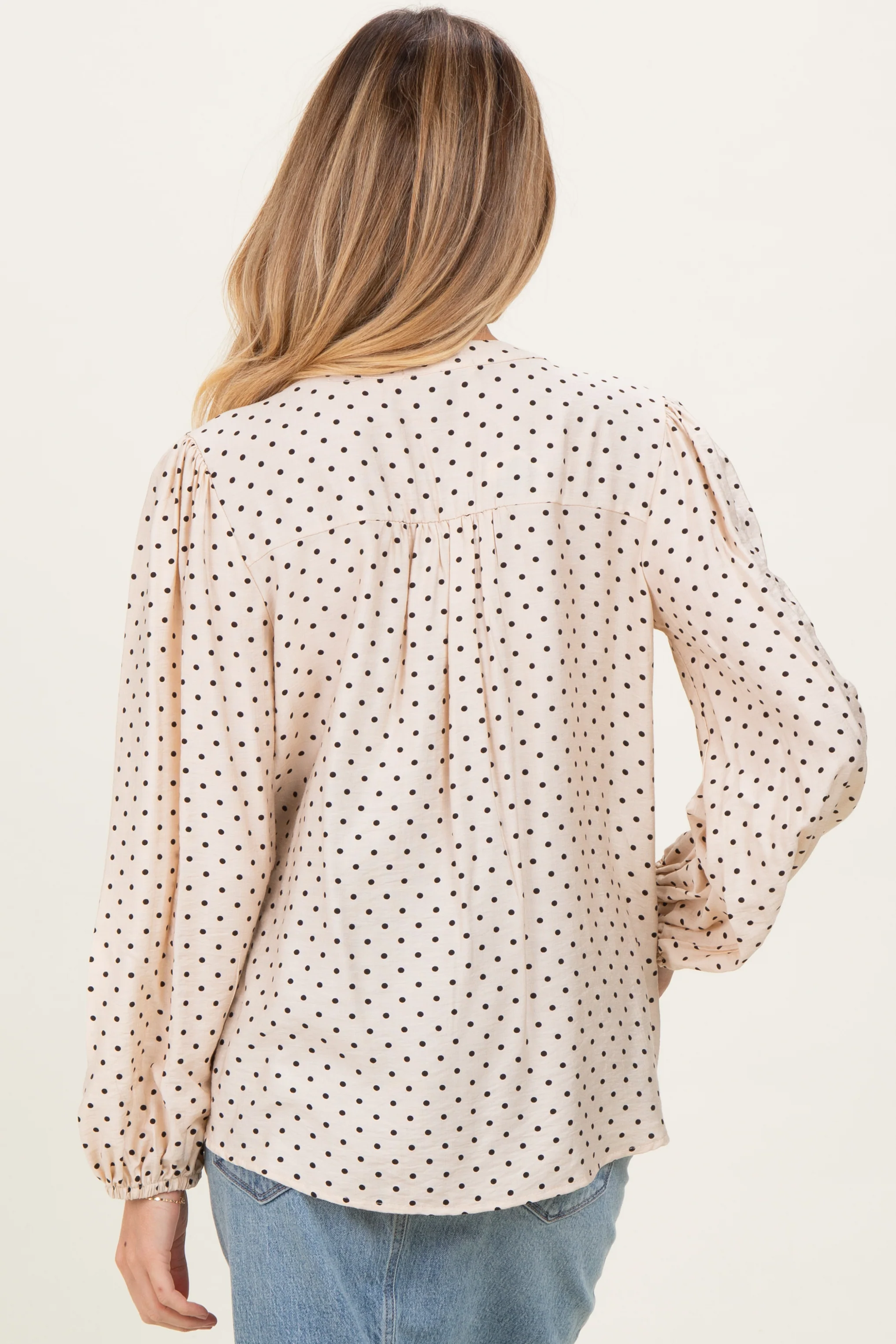 Ivory Polka Dot Long Sleeve Button Down V-Neck Maternity Top - Image 4