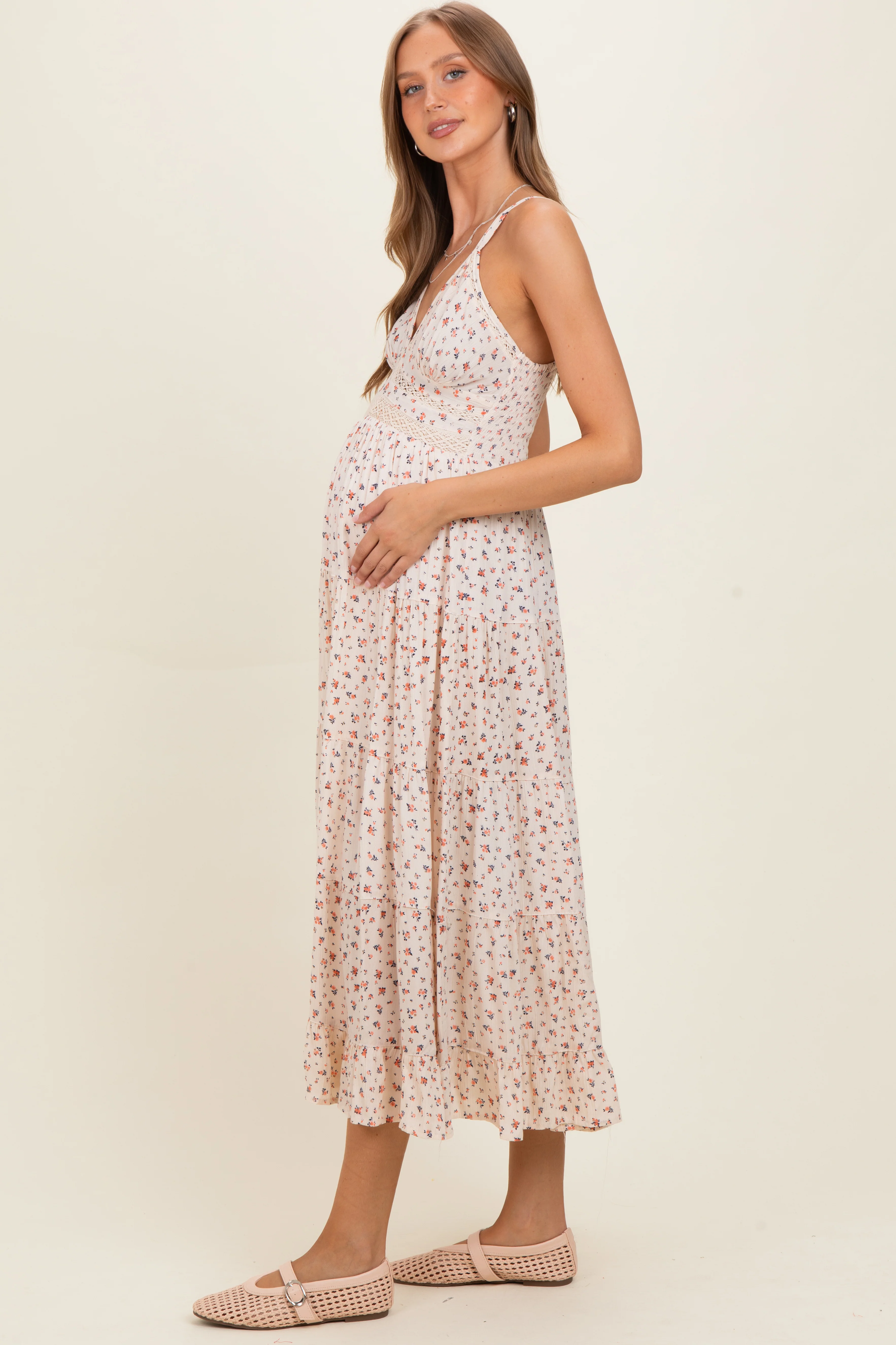 Ivory Printed Lace Inset Tiered Maternity Maxi Dress - Image 3