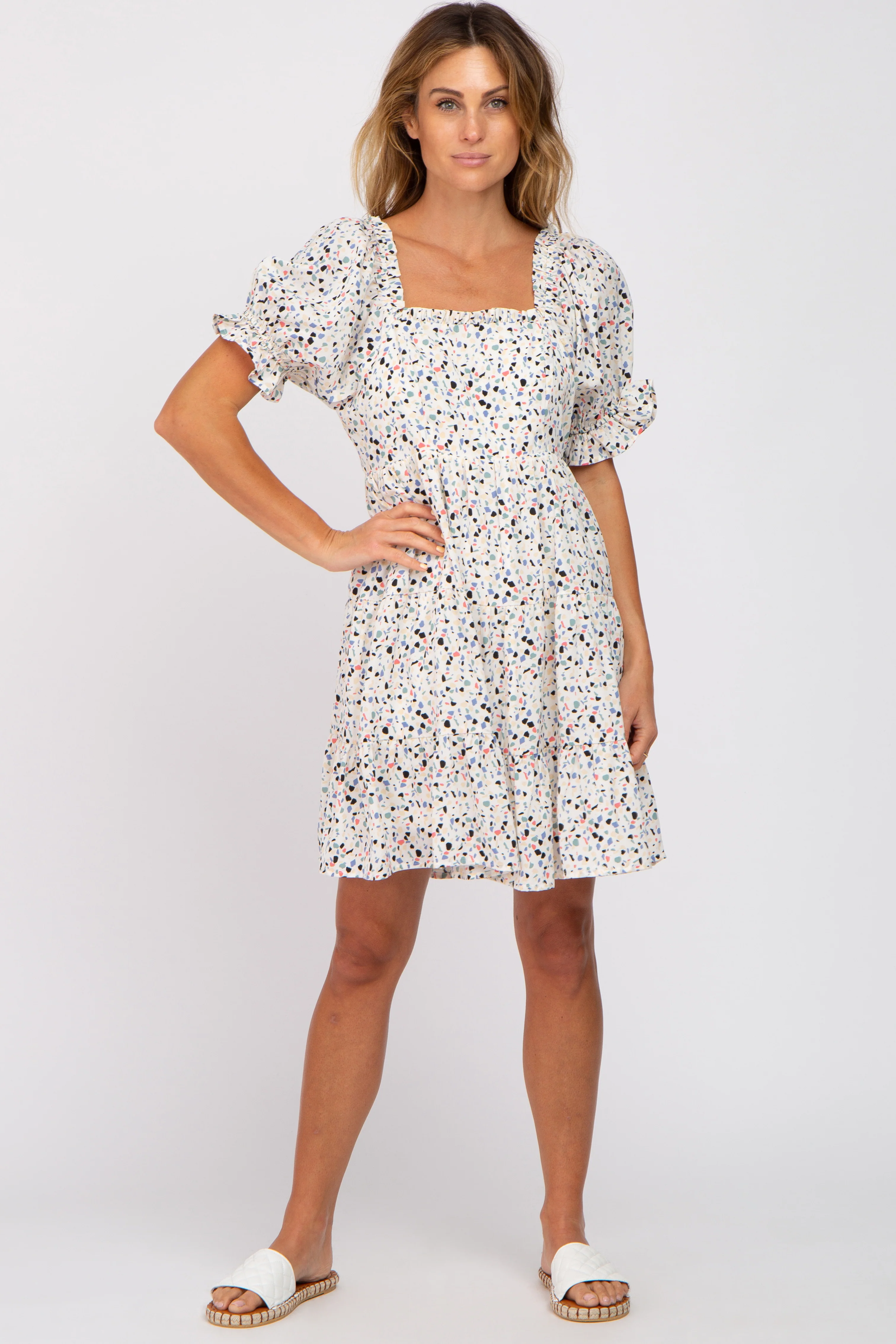 Ivory Printed Puff Sleeve Tiered Dress - Image 4