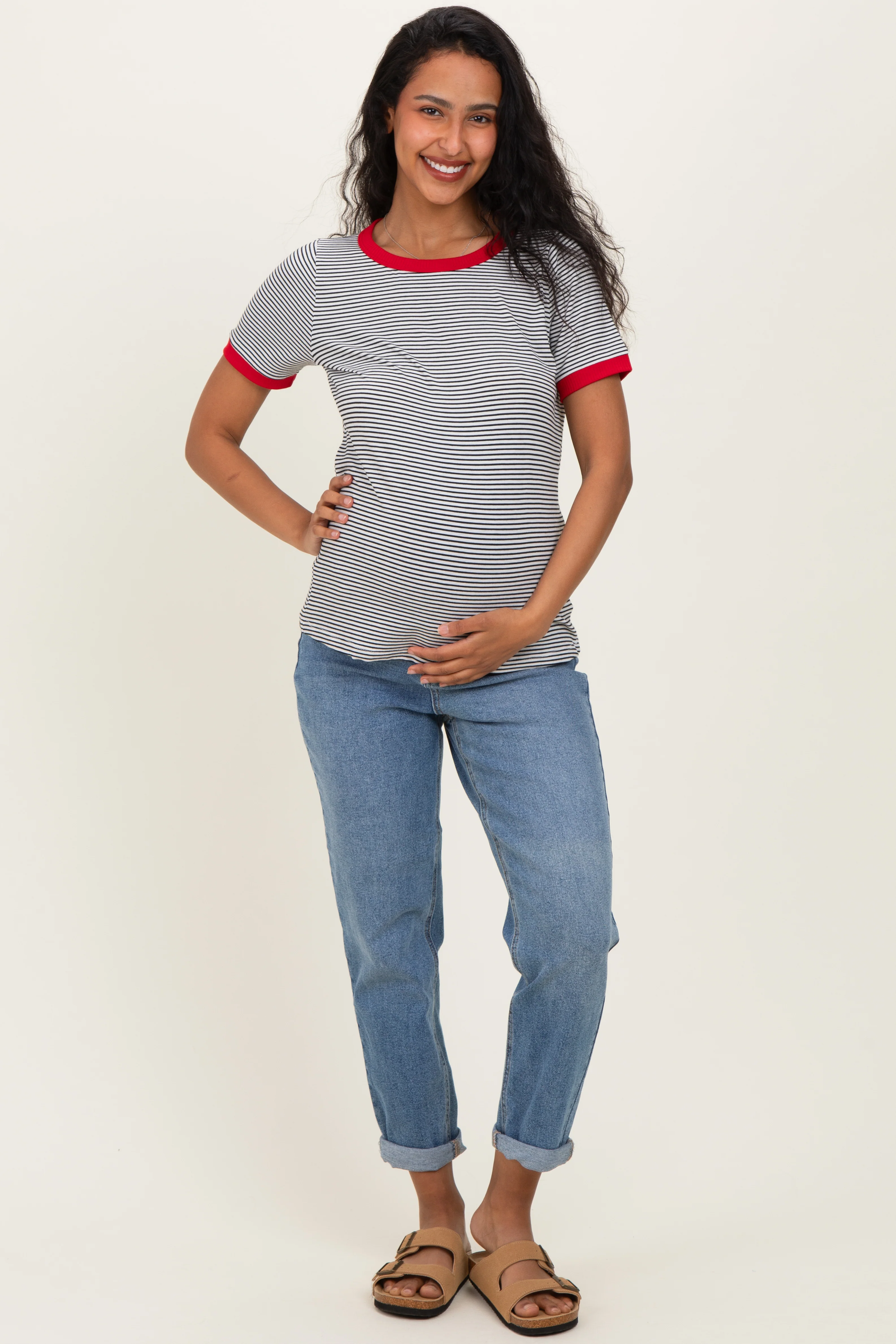 Ivory Red Trimmed Striped Maternity Top - Image 2