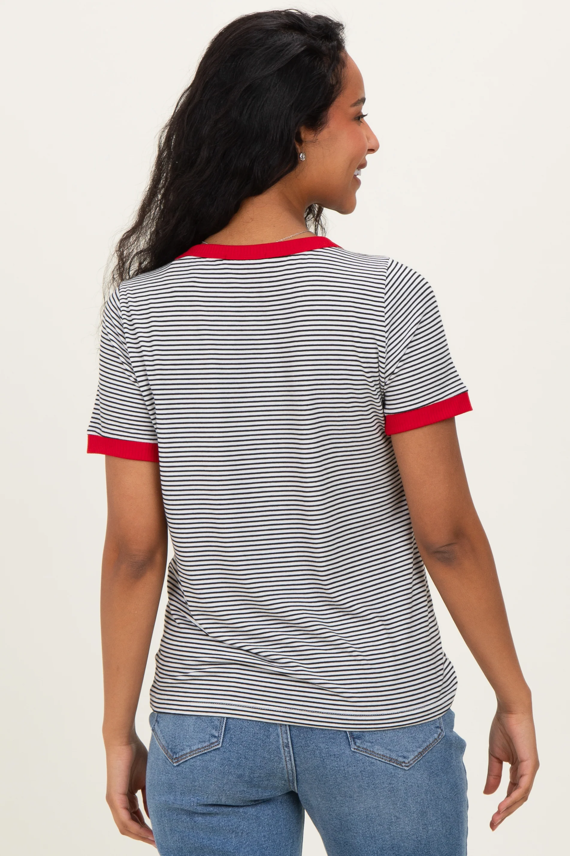 Ivory Red Trimmed Striped Maternity Top - Image 4