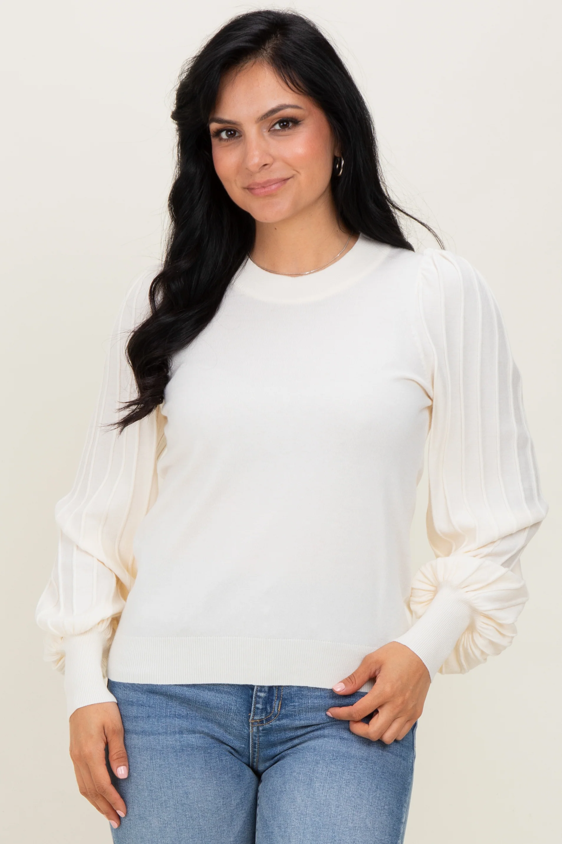 Ivory Ribbed Bubble Sleeve Maternity Knit Top - Image 4