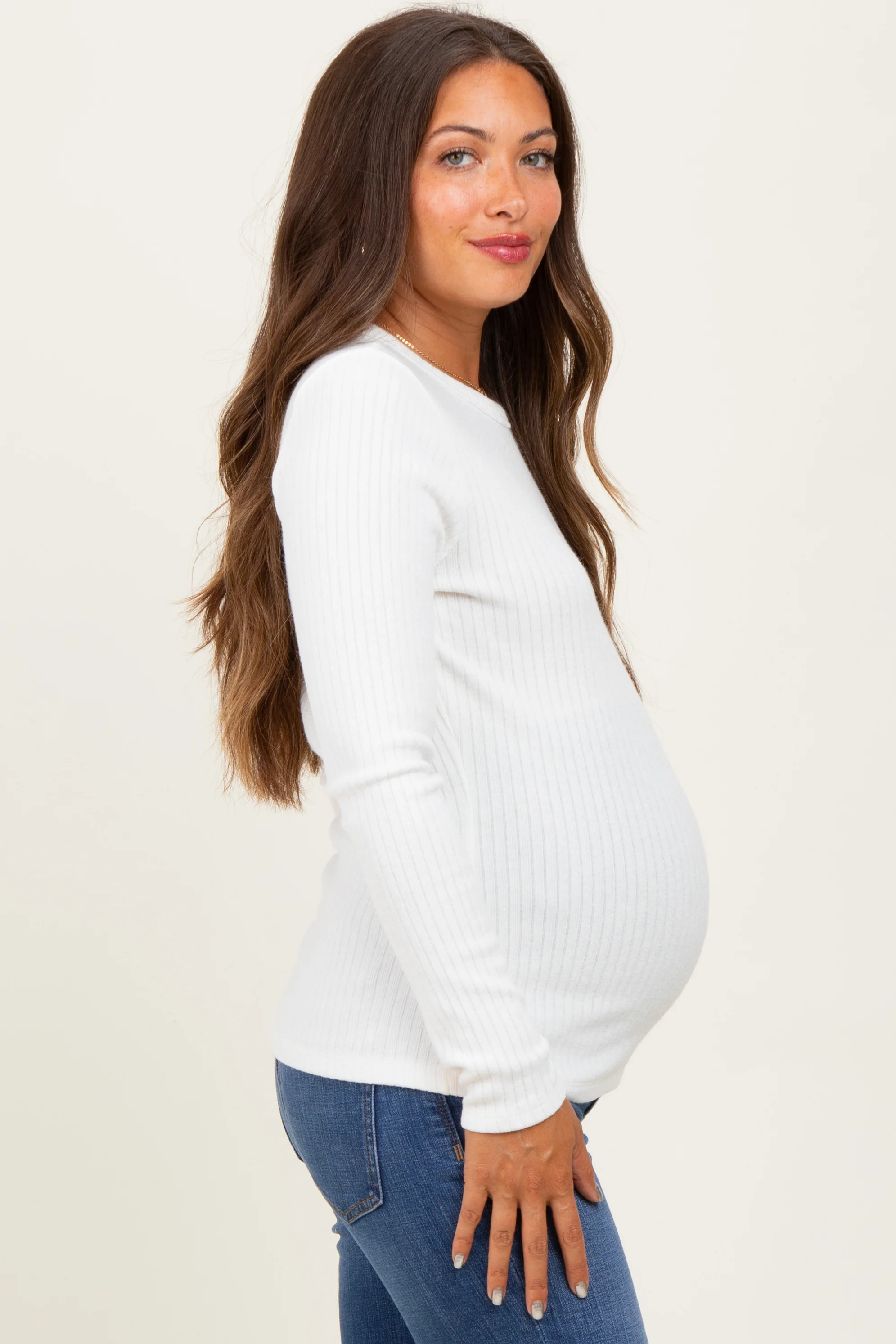 Ivory Ribbed Knit Maternity Long Sleeve Top - Image 3