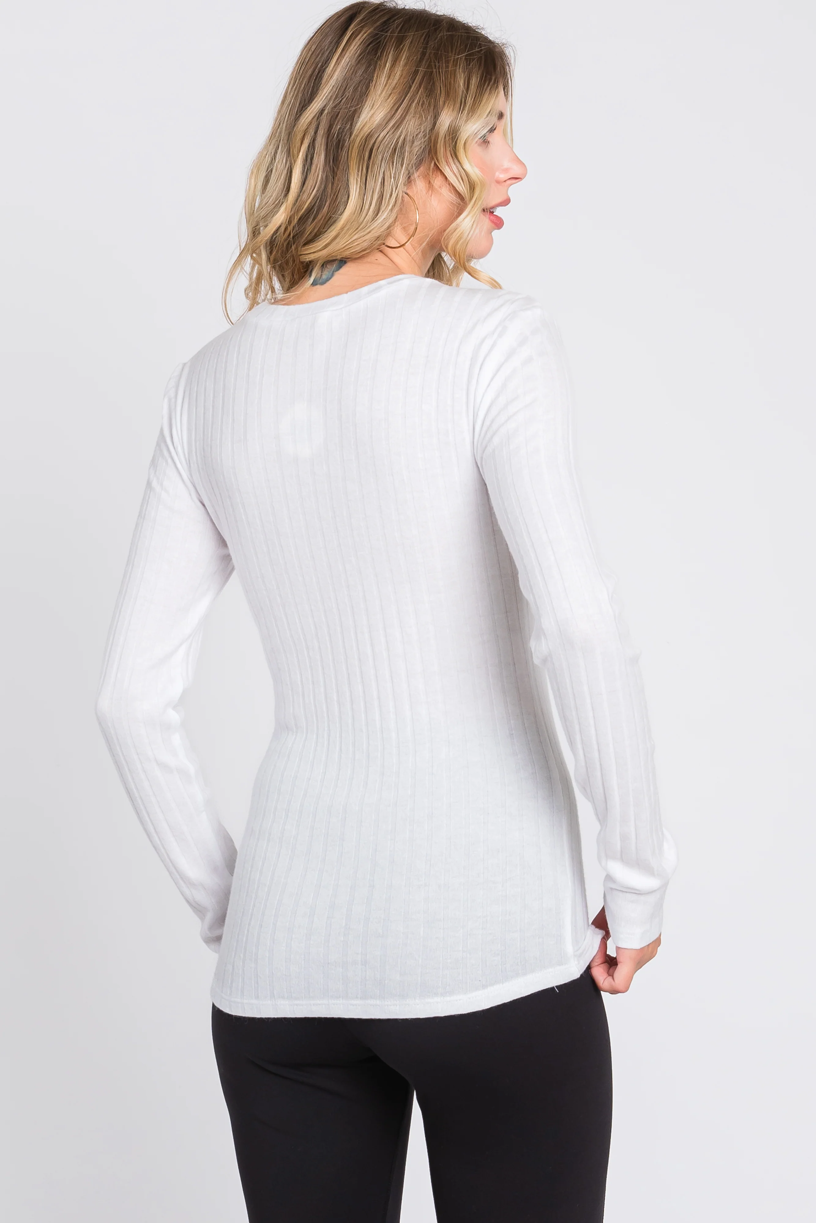 Ivory Ribbed Long Sleeve Top - Image 3