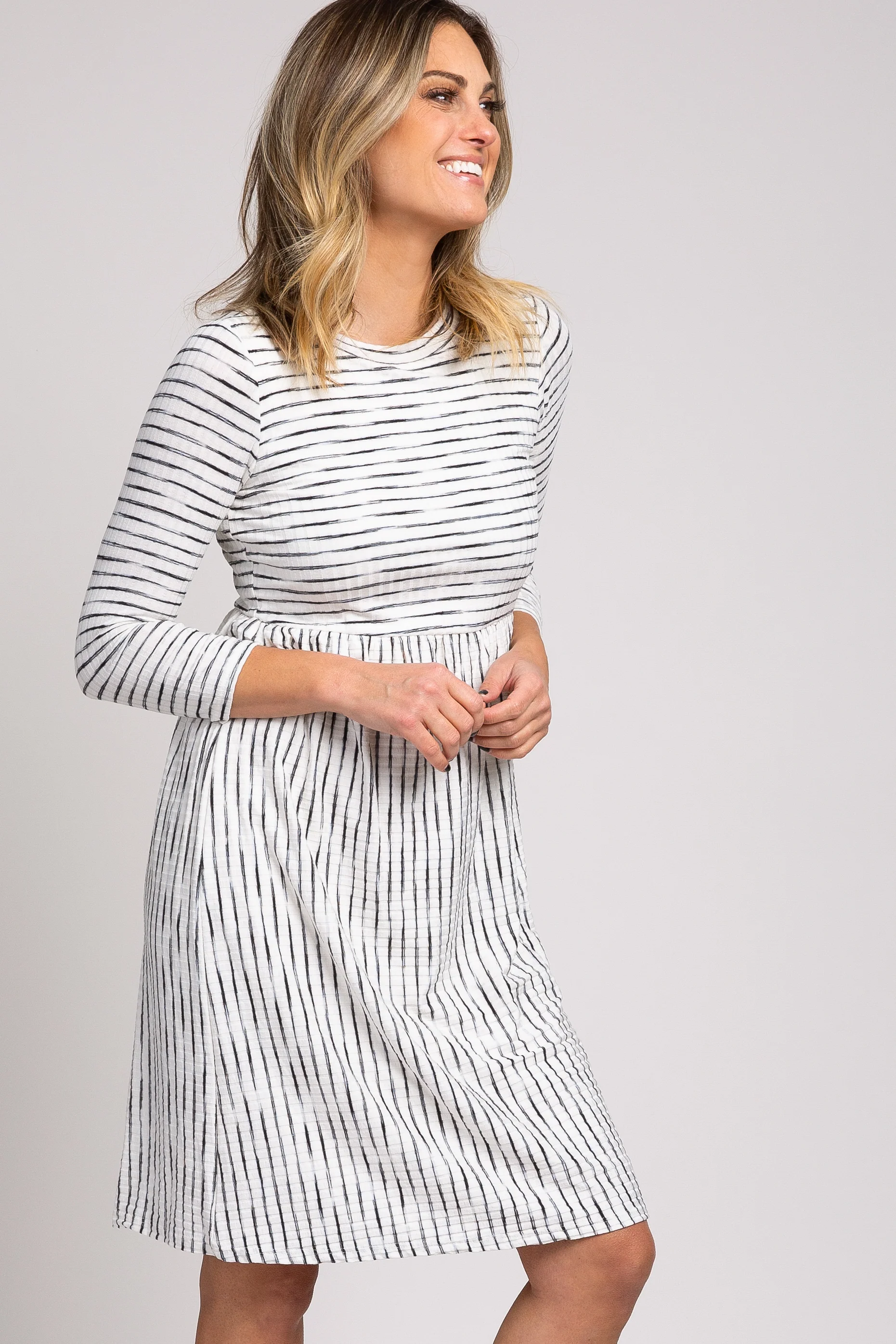 Ivory Ribbed Striped Pleated Midi Dress - Image 3