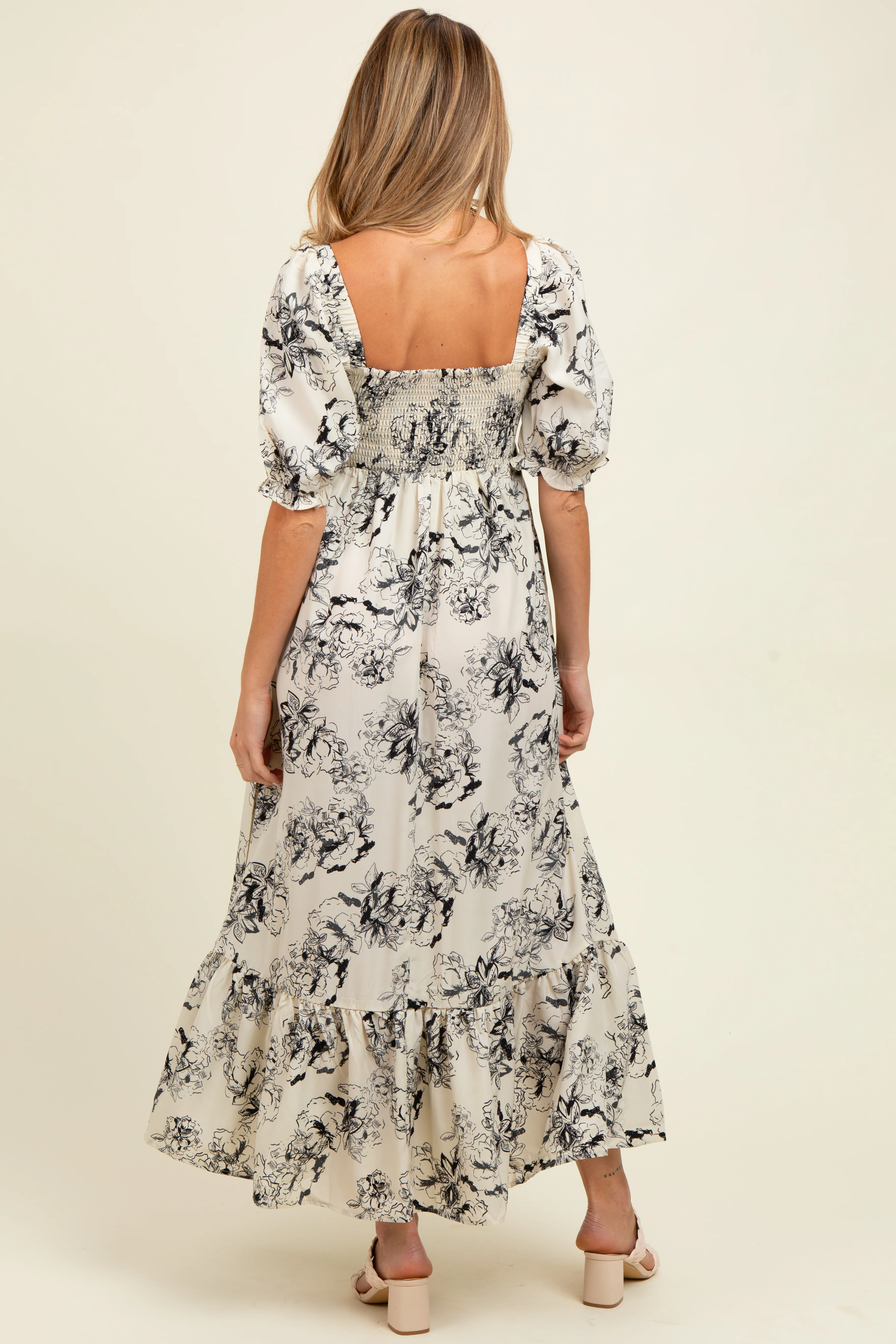 Ivory Rose Print Pleated Bodice Maternity Maxi Dress - Image 4