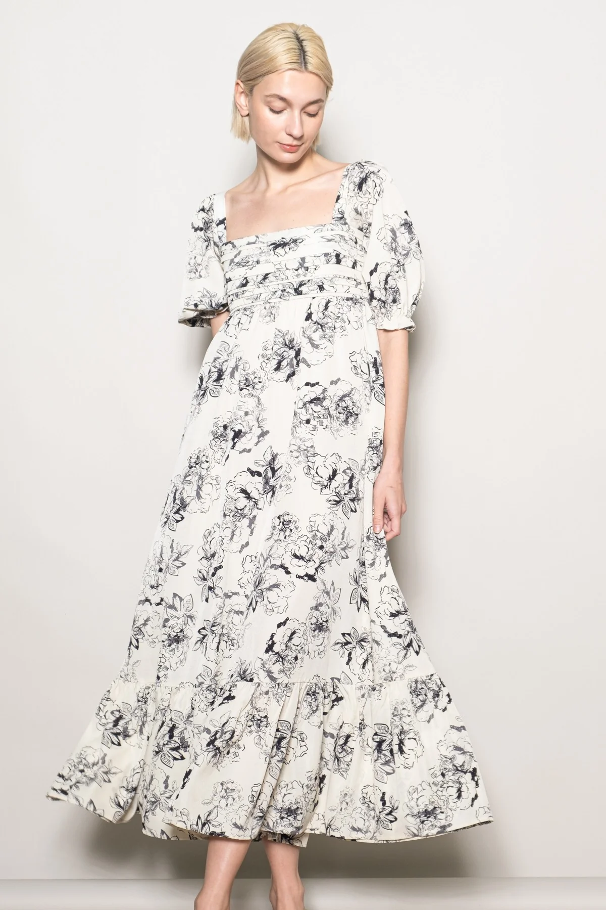 Ivory Rose Print Pleated Bodice Maxi Dress - Image 2