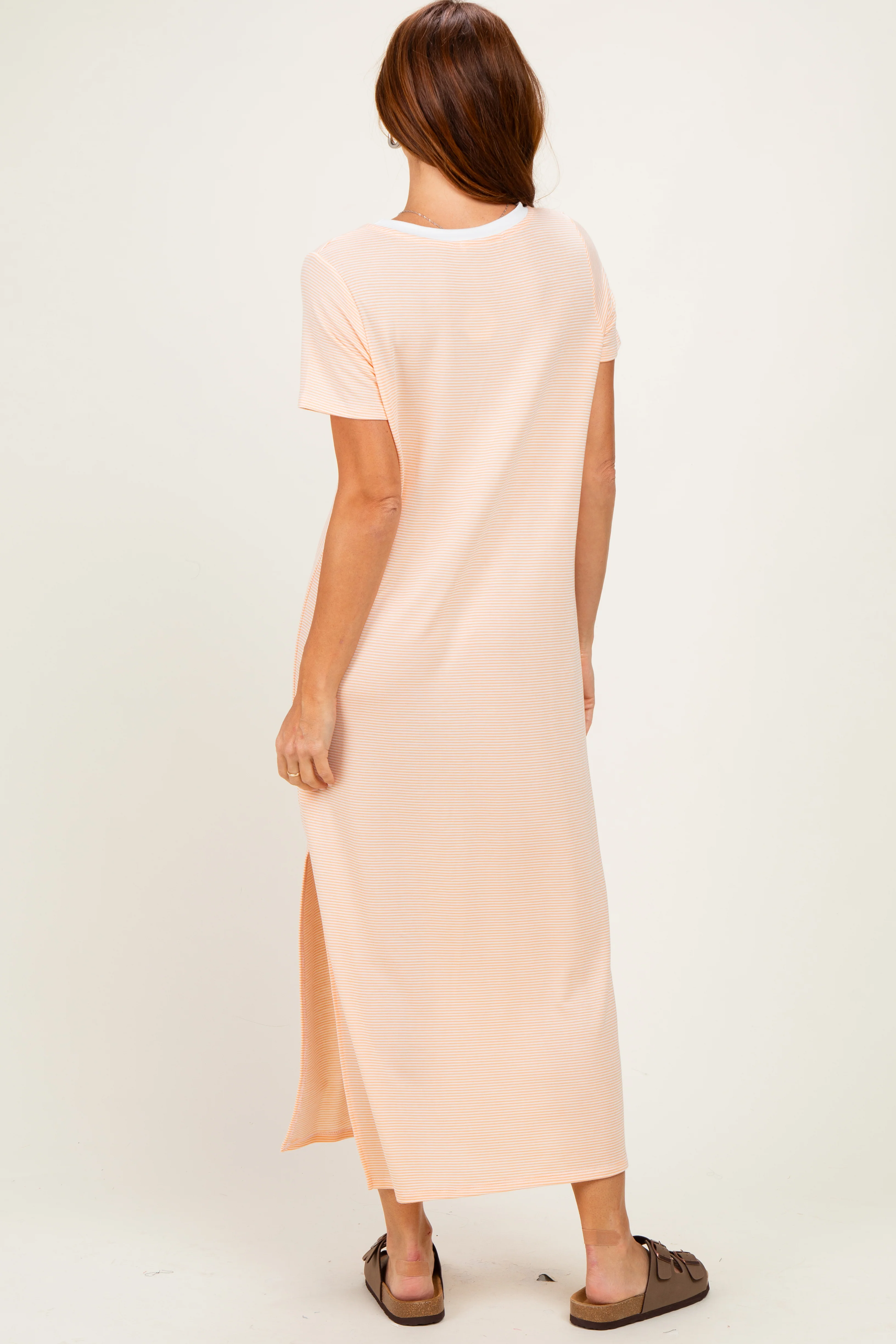 Ivory/ Salmon Striped Short Sleeve Maxi Dress - Image 3