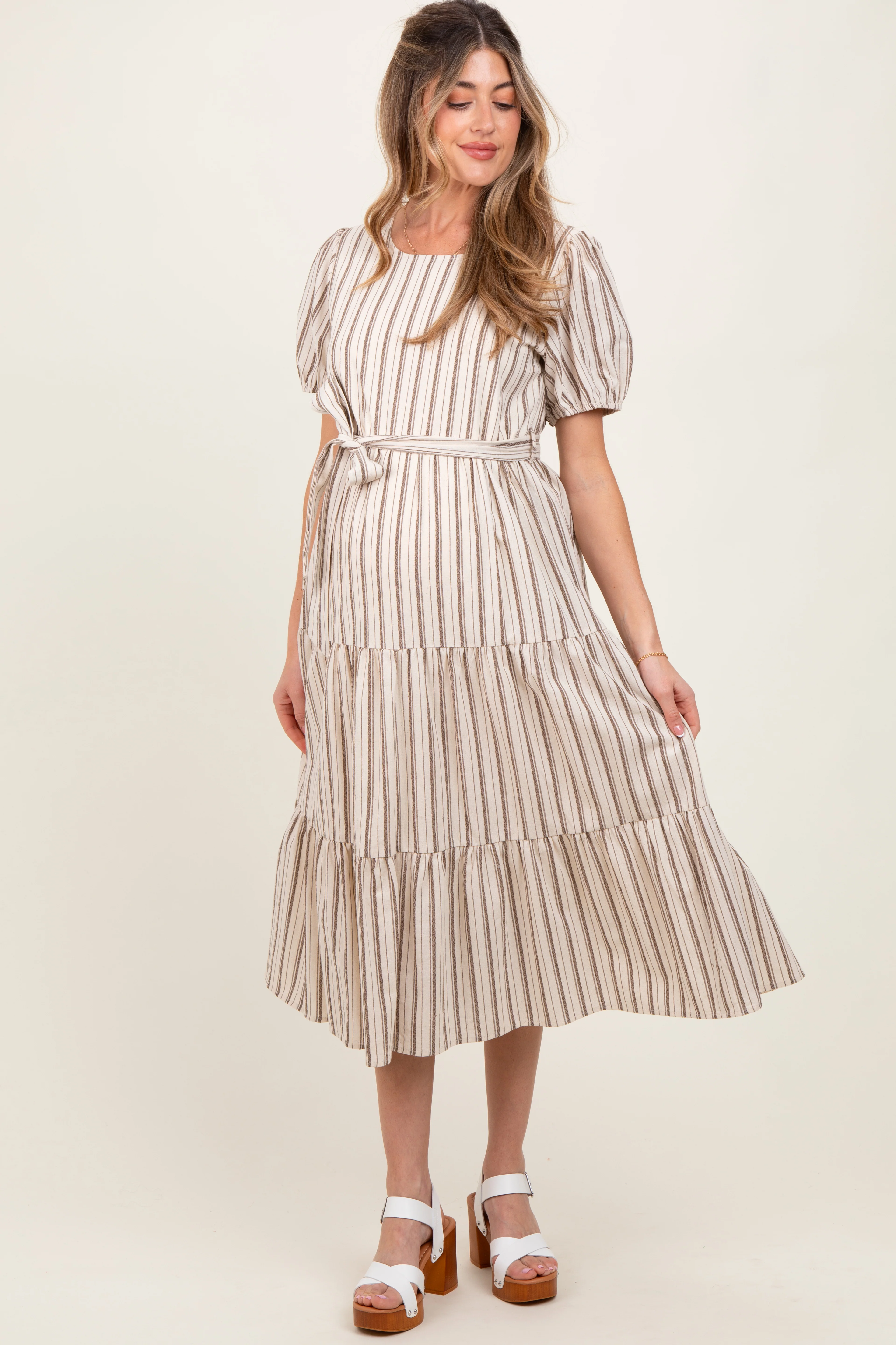 Ivory Stripe Tiered Tied Waist Maternity Midi Dress - Image 2