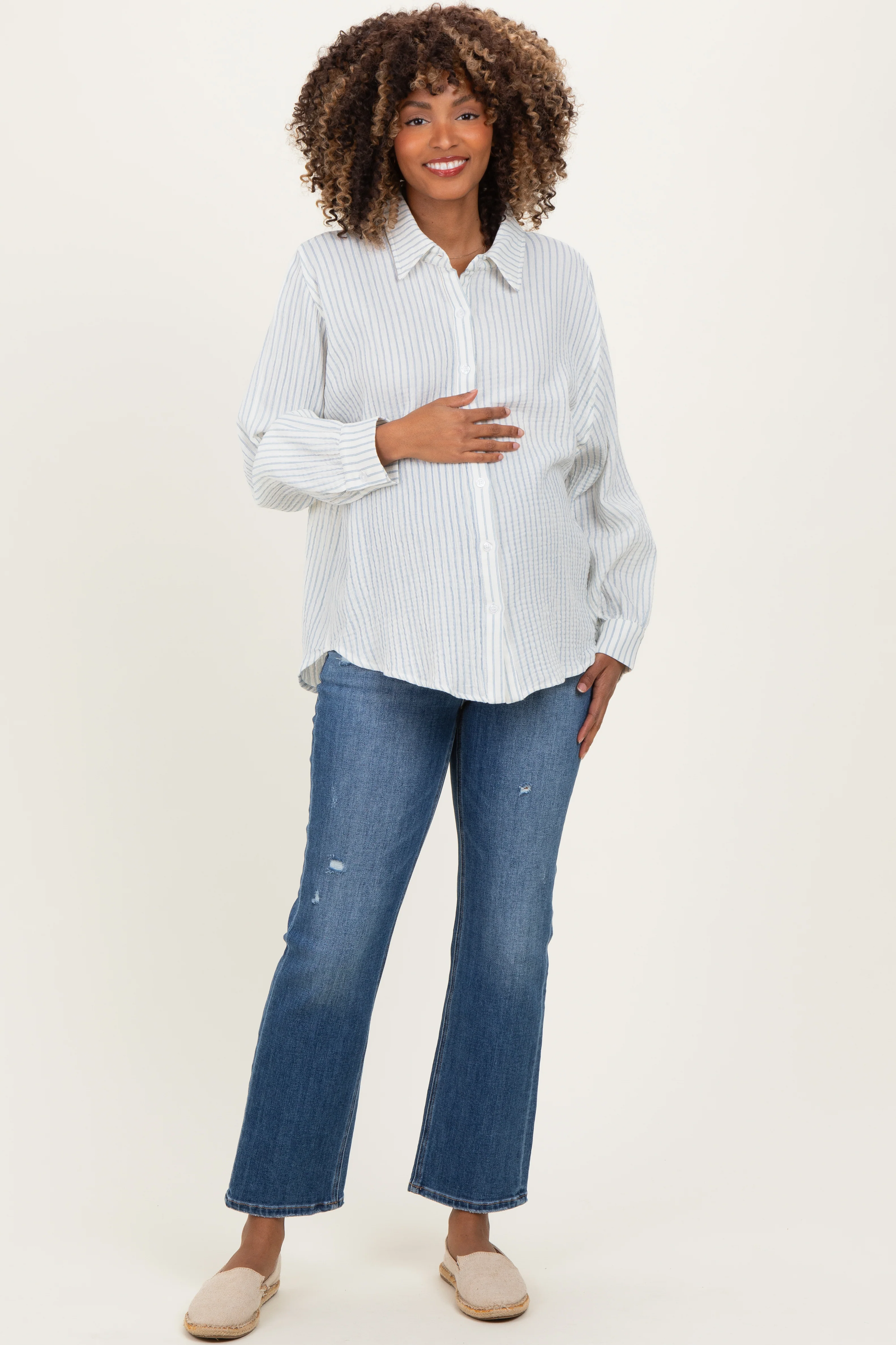 Ivory Striped Cotton Gauze Maternity Button Down Shirt - Image 3