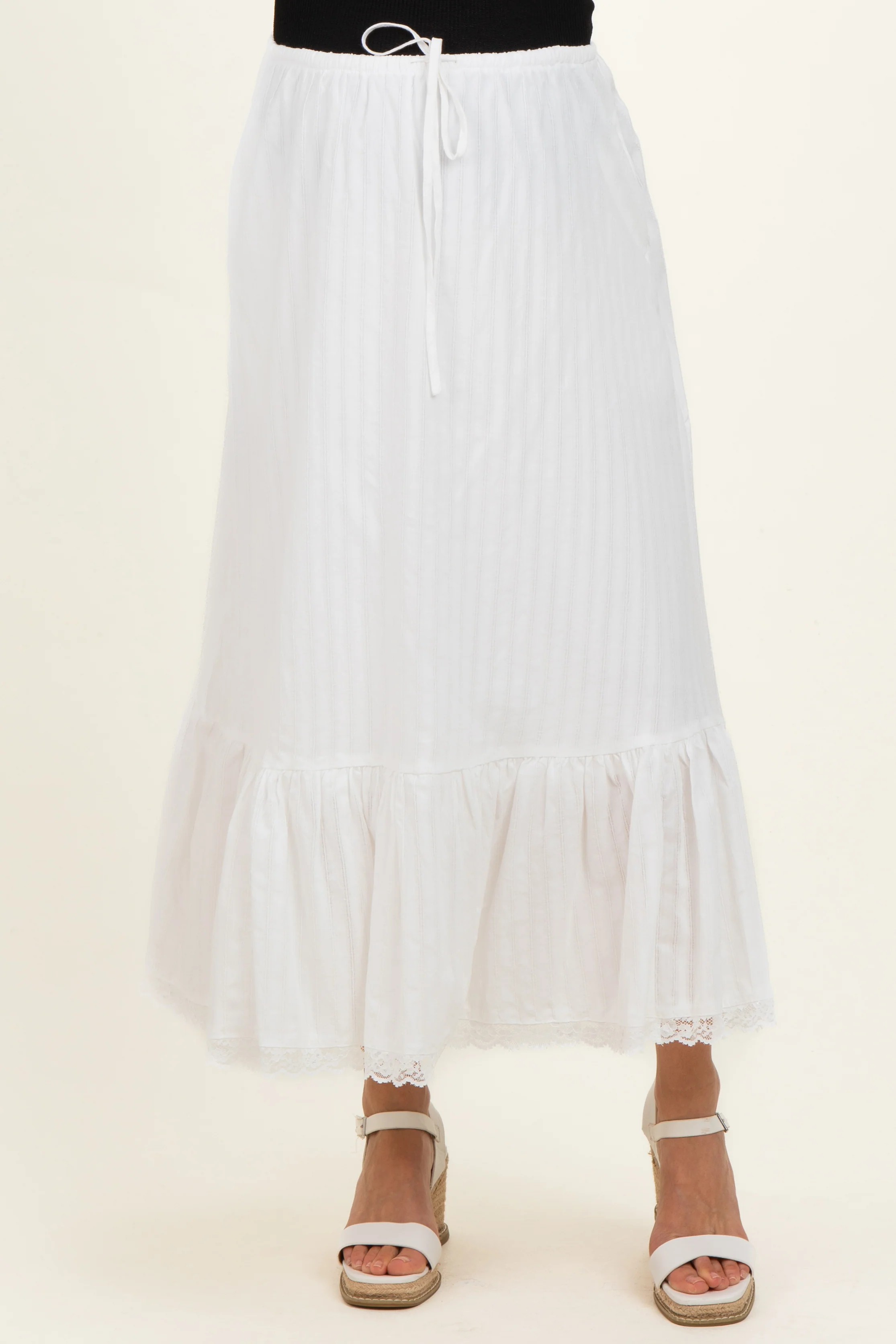Ivory Striped Lace Trim Maternity Midi Skirt - Image 3