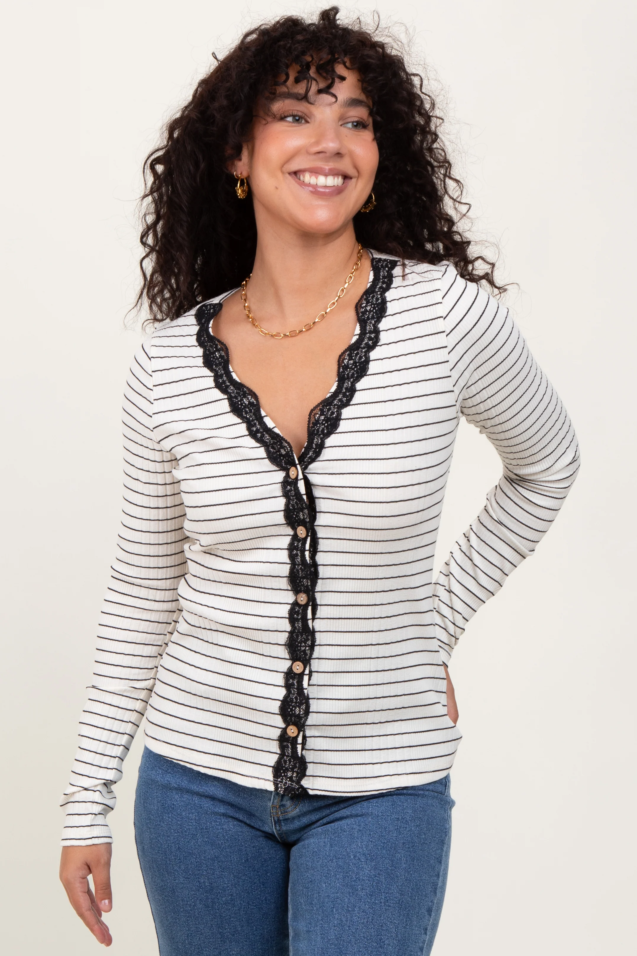 Ivory Striped Ribbed Long Sleeve Lace Detail Button Down Maternity Cardigan - Image 4