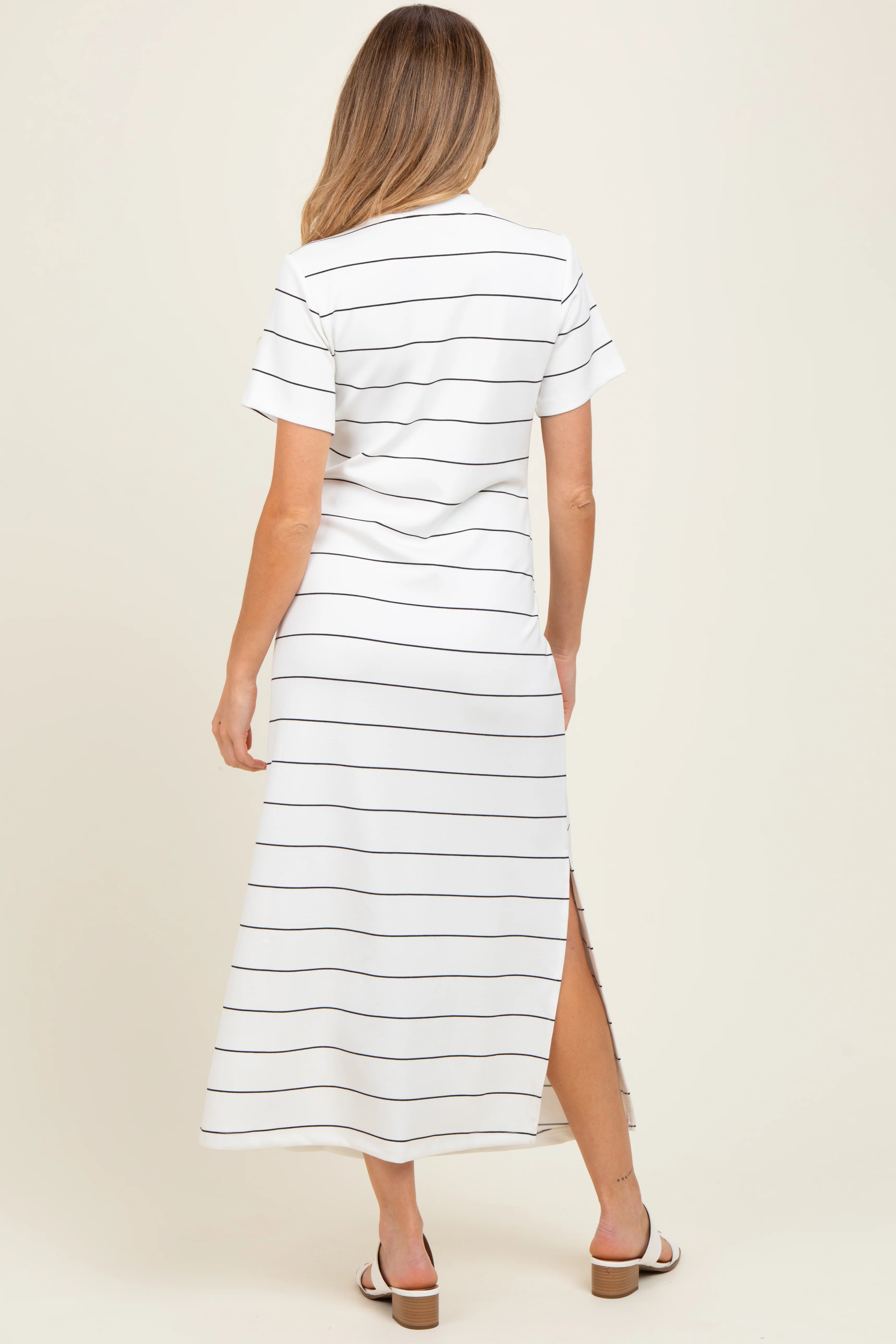 Ivory Striped Short Sleeve Side Slit Maternity Midi Dress - Image 3