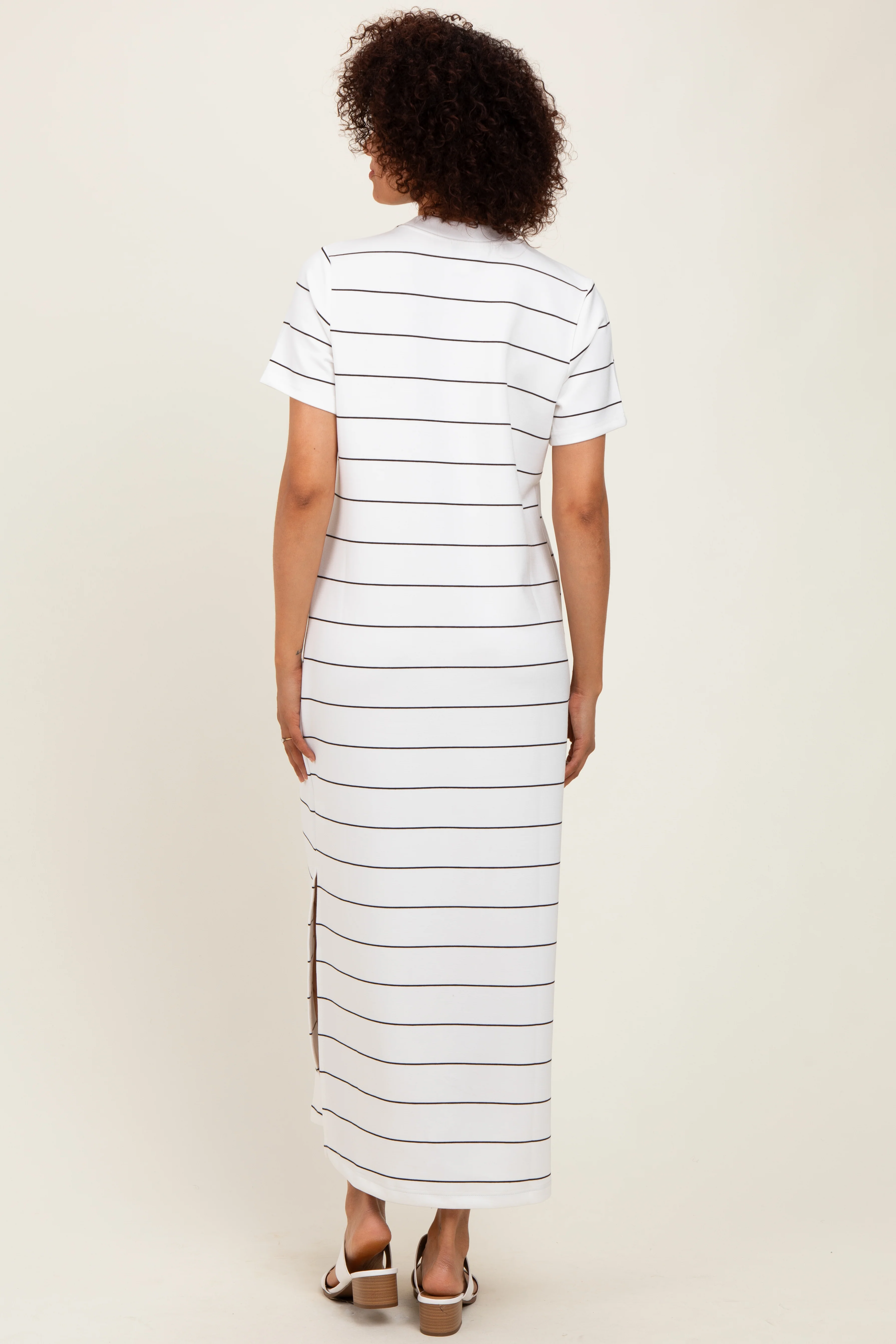 Ivory Striped Short Sleeve Side Slit Midi Dress - Image 4