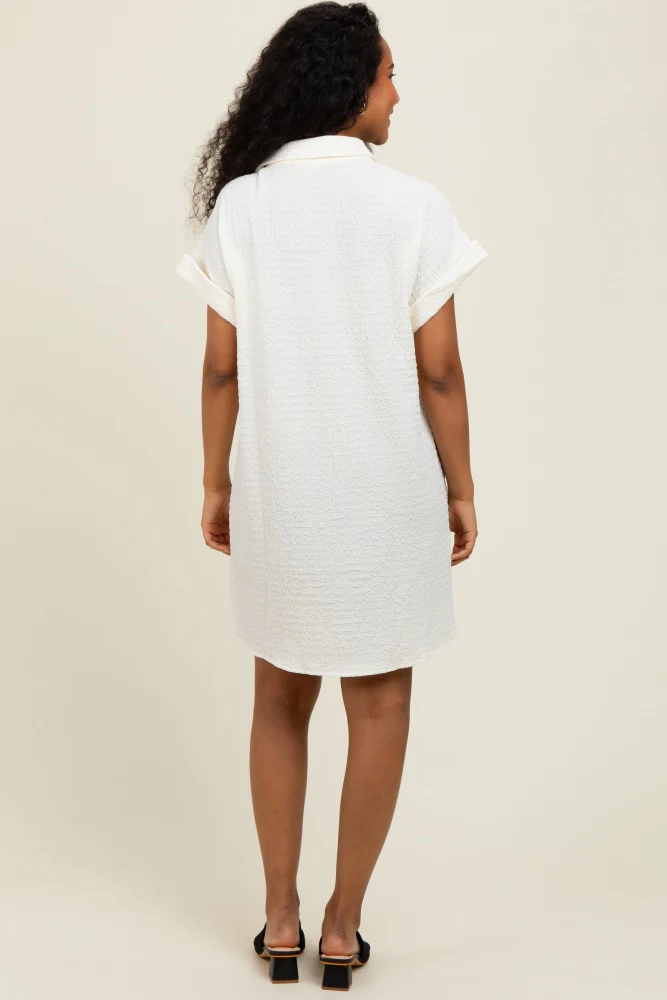 Ivory Textured Short Sleeve Button Down Shirt Dress - Image 4