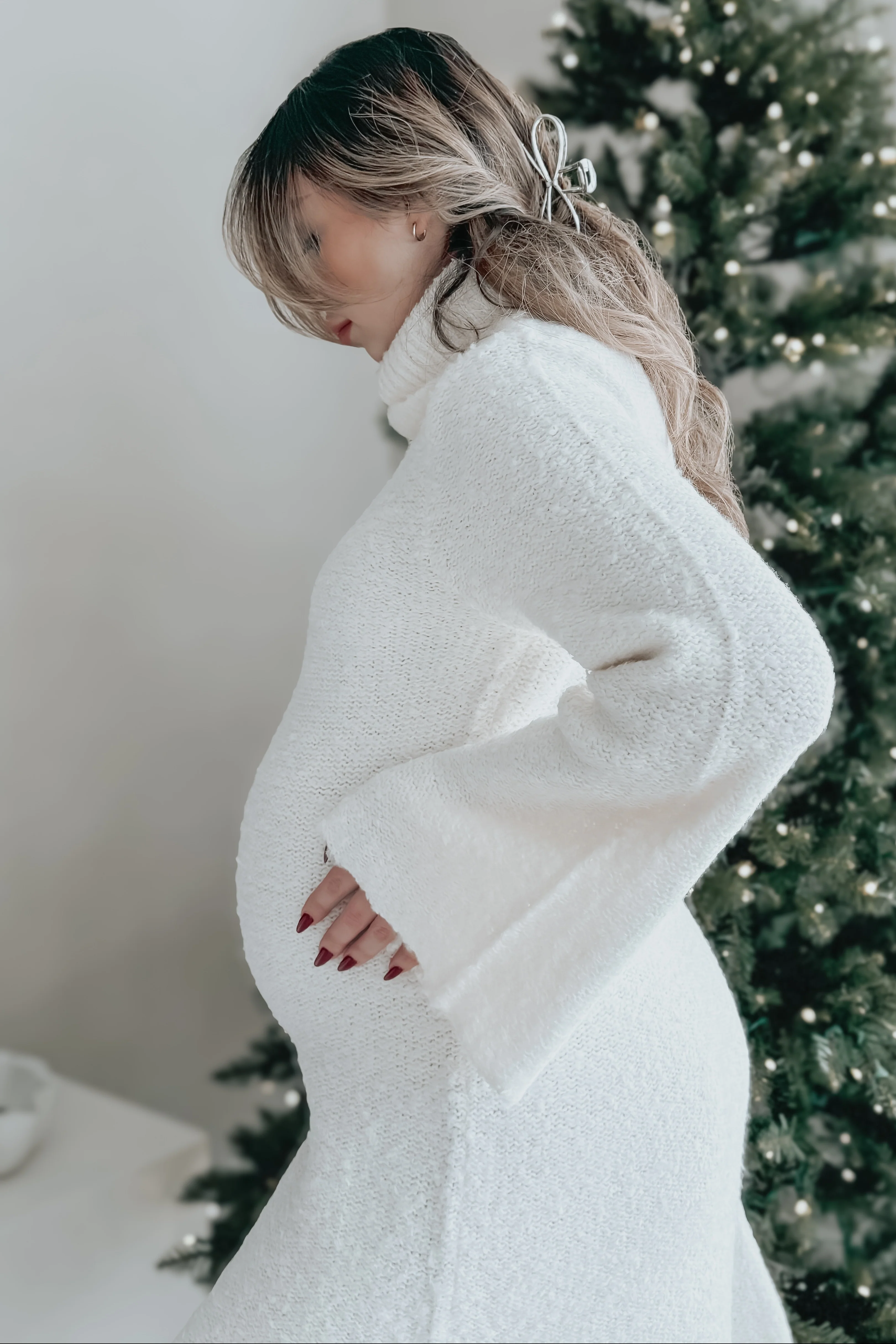 Ivory Turtleneck Bell Sleeve Maternity Sweater Dress - Image 4