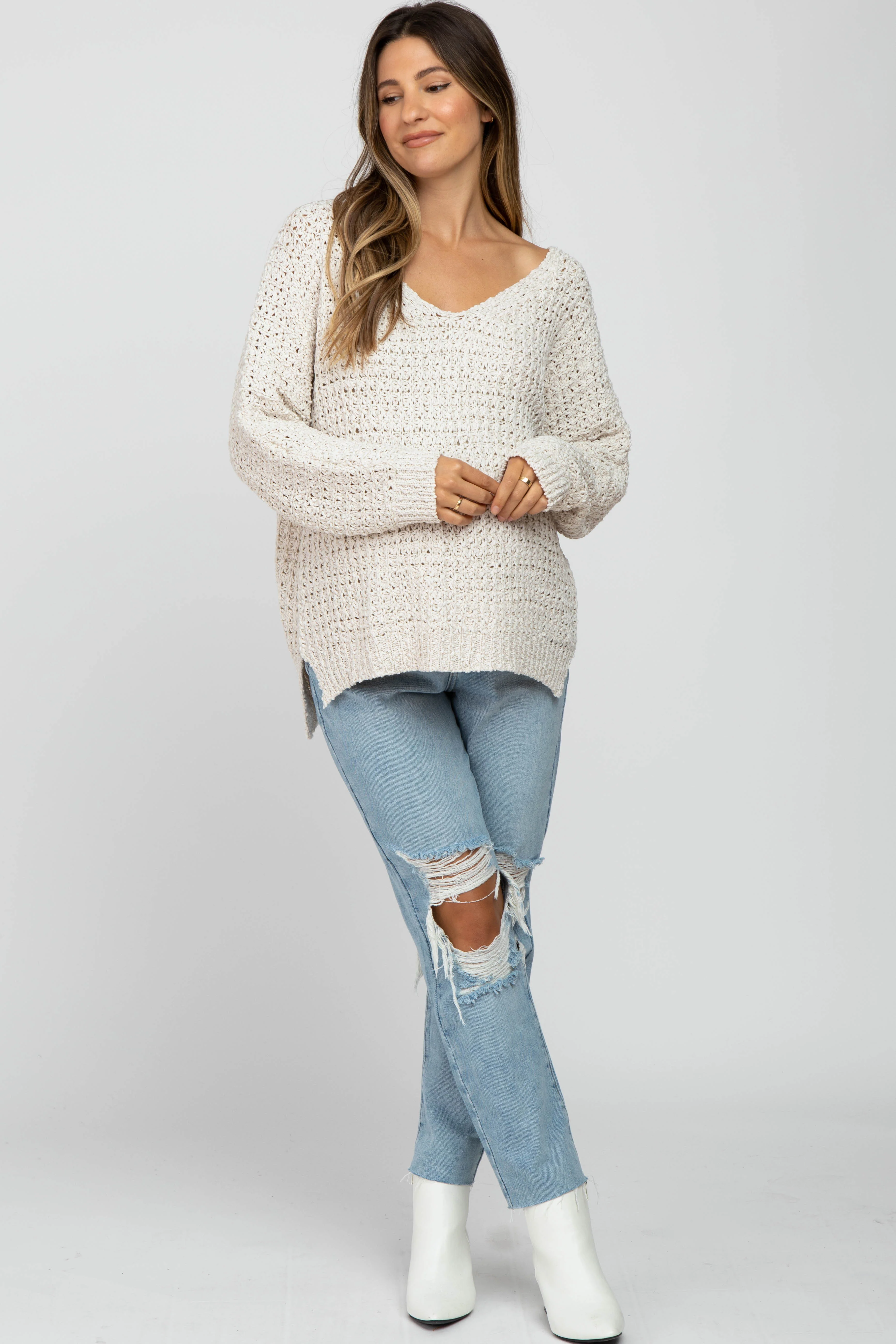 Ivory V-Neck Side Slit Thick Knit Maternity Sweater - Image 4