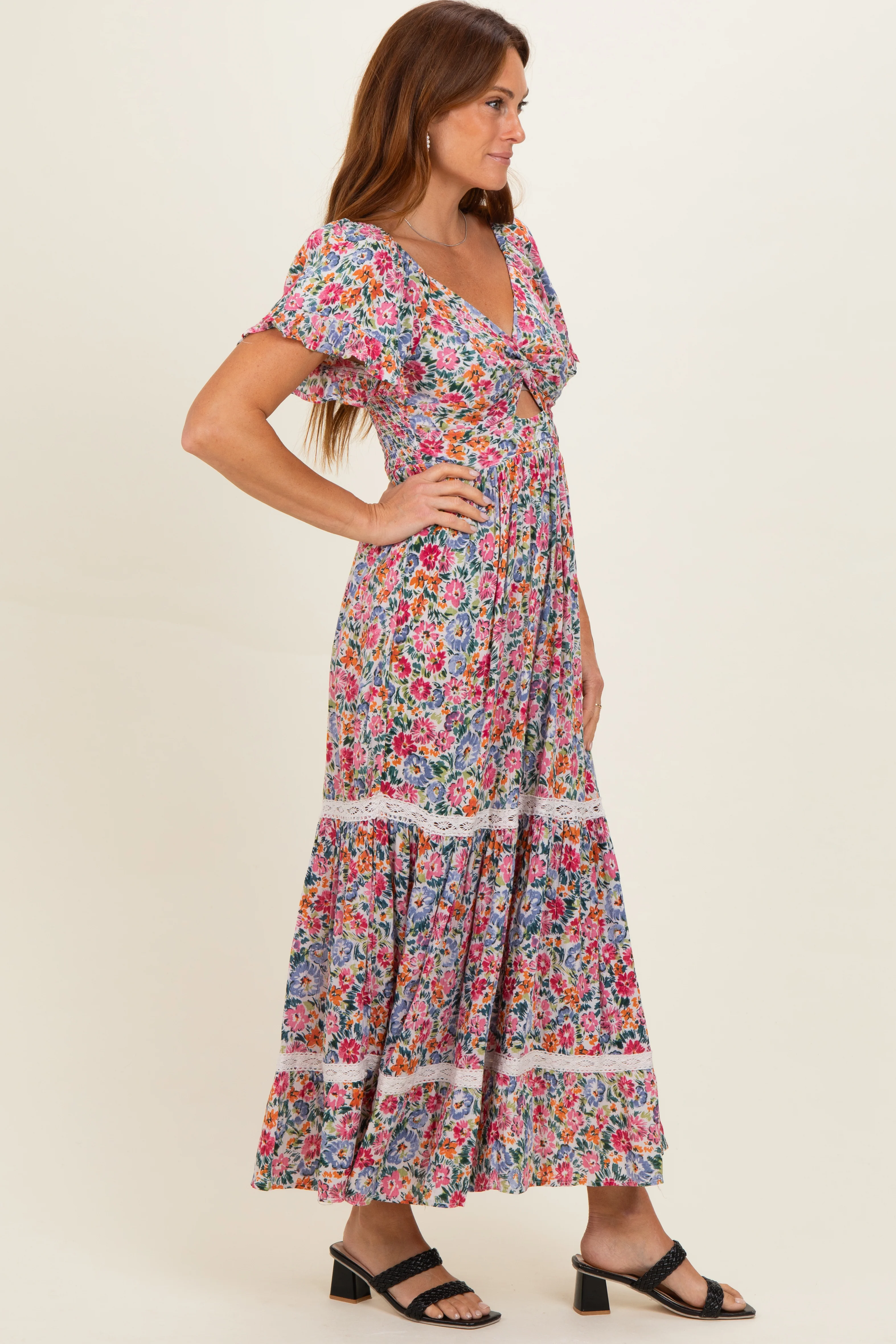 Ivory V Neck Twist Front Cut Out Floral Print Maxi Dress - Image 2