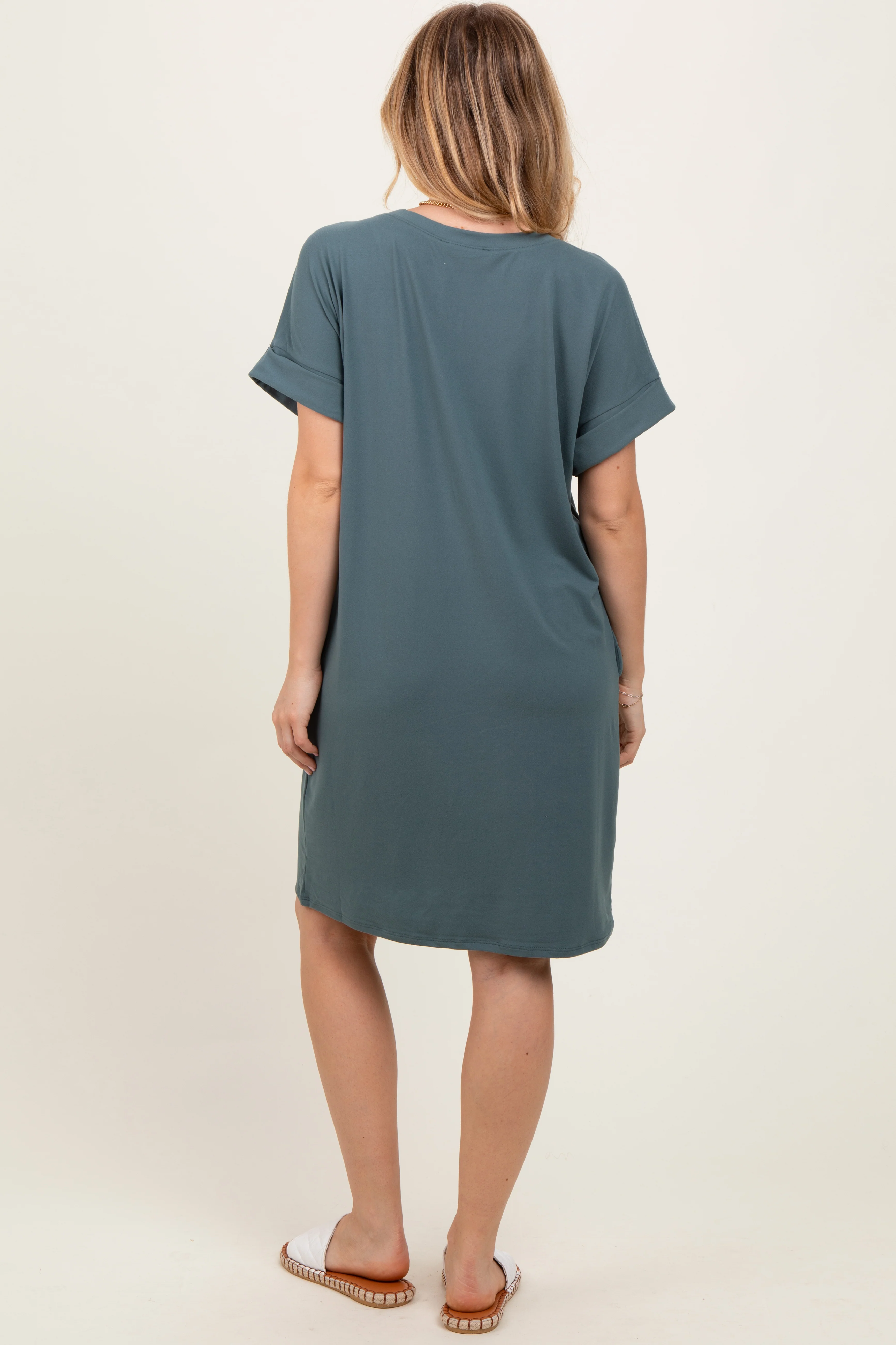 Jade Brushed Rolled Short Sleeve V-Neck Dress - Image 4