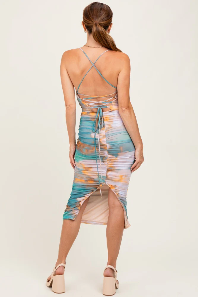 Jade Floral Mesh Ruched Crisscross Back Midi Dress - Image 4