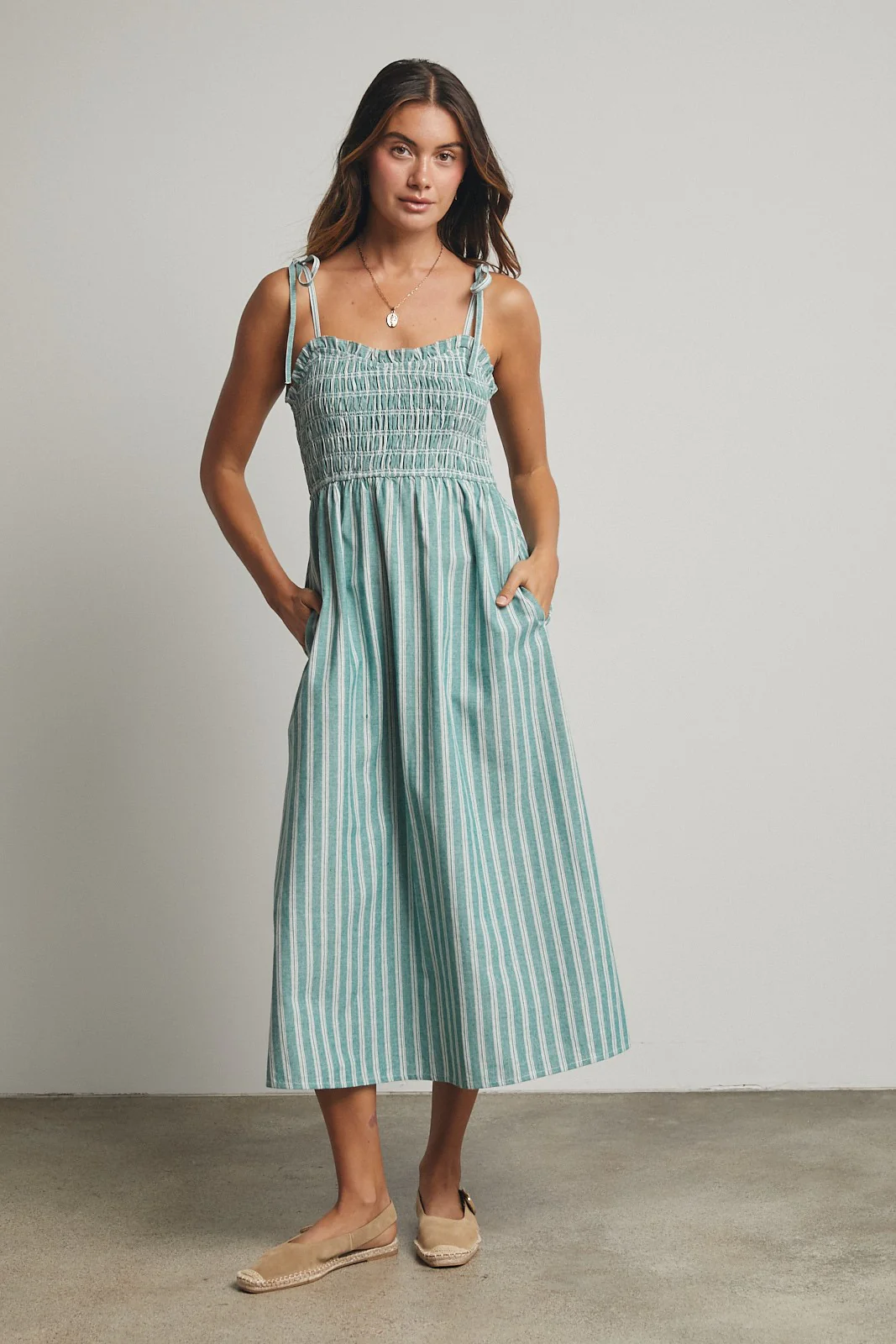 Jade Green Striped Smocked Shoulder Tie Maternity Midi Dress - Image 4