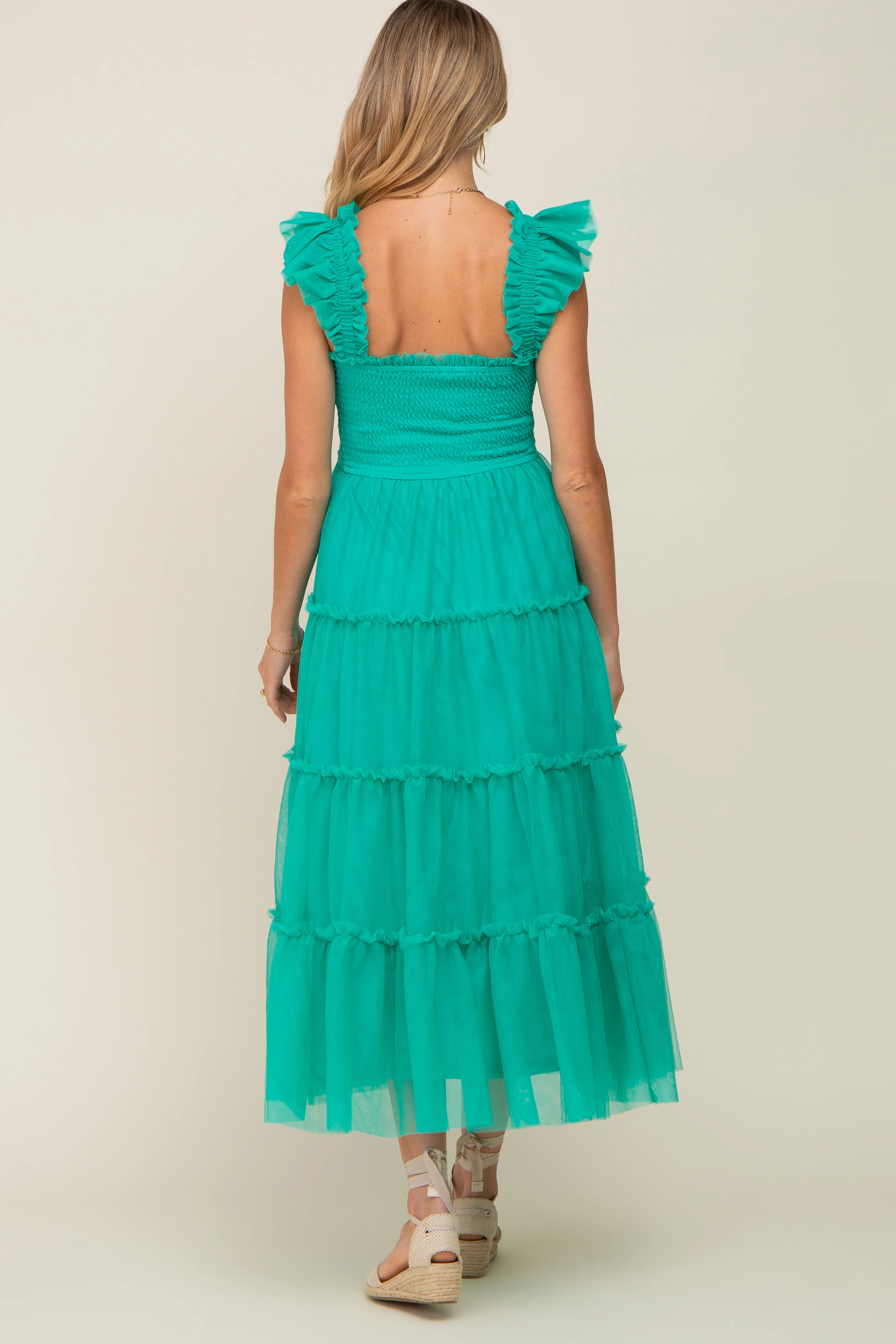 Jade Smocked Mesh Ruffle Accent Maternity Midi Dress - Image 3