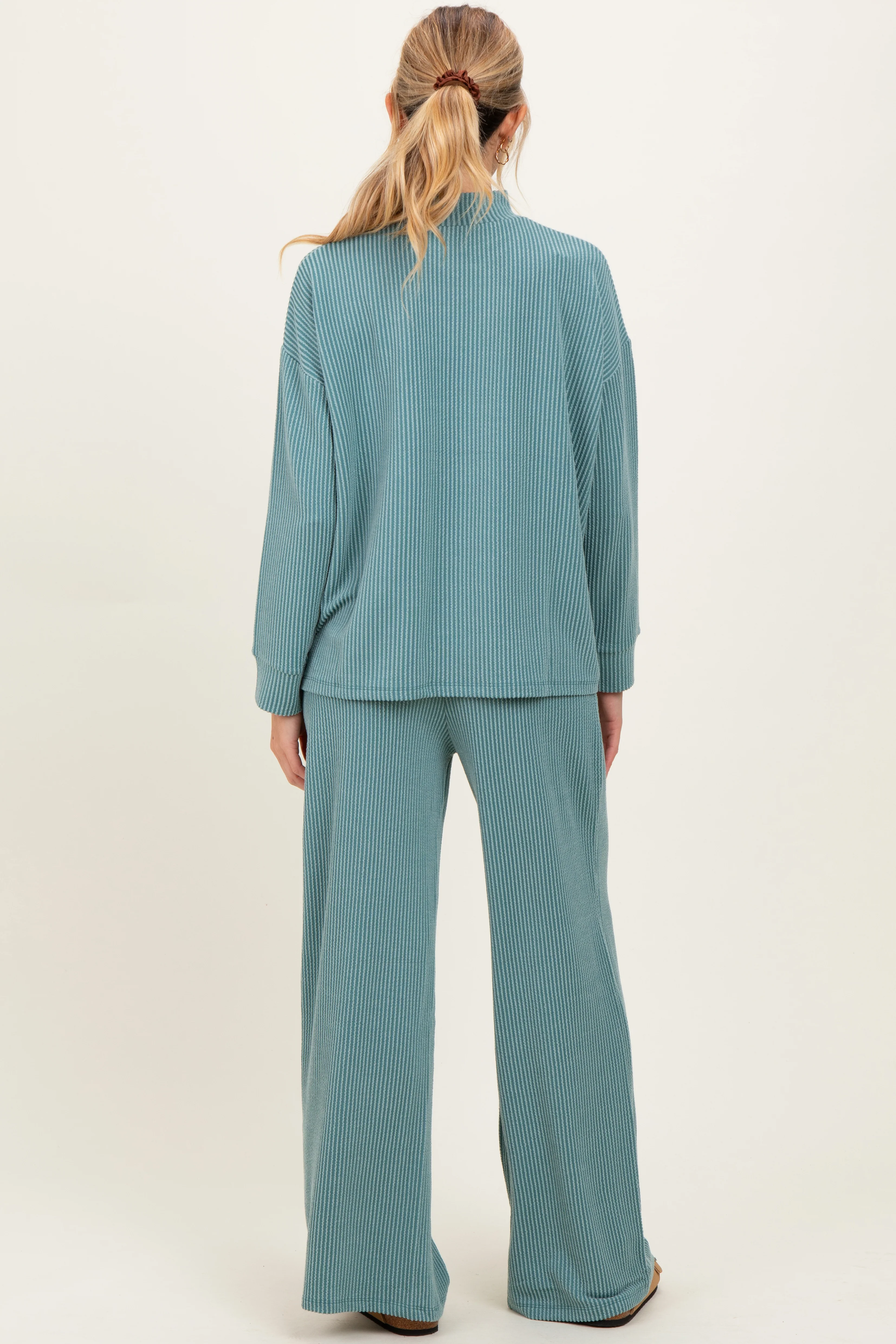 Jade Textured Rib Mock Neck Long Sleeve Pants Maternity Set - Image 4