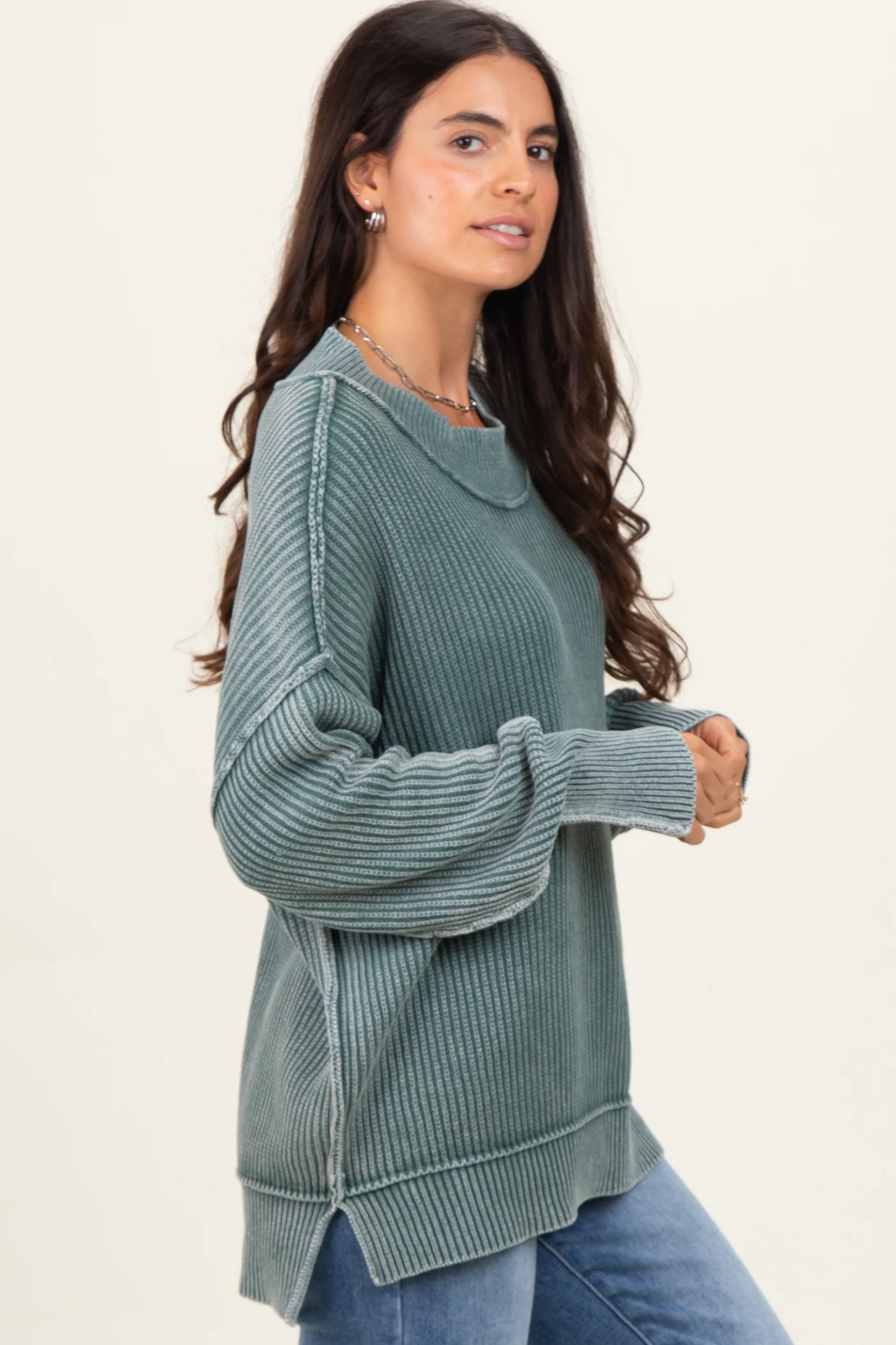 Jade Washed Side Slit Oversized Sweater - Image 3