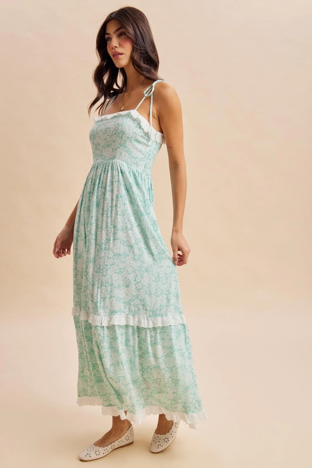Jelly Mint Floral Shoulder Tie Ruffle Detail Maxi Dress - Image 4