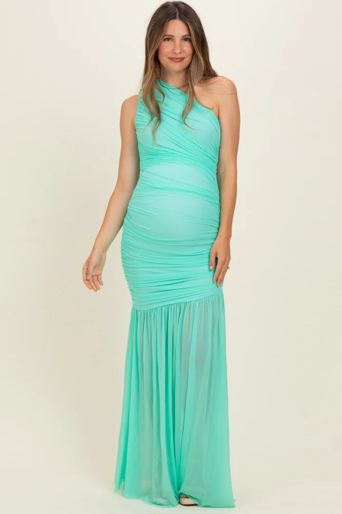 Jelly Mint Ruched Mesh One Shoulder Maternity Maxi Dress