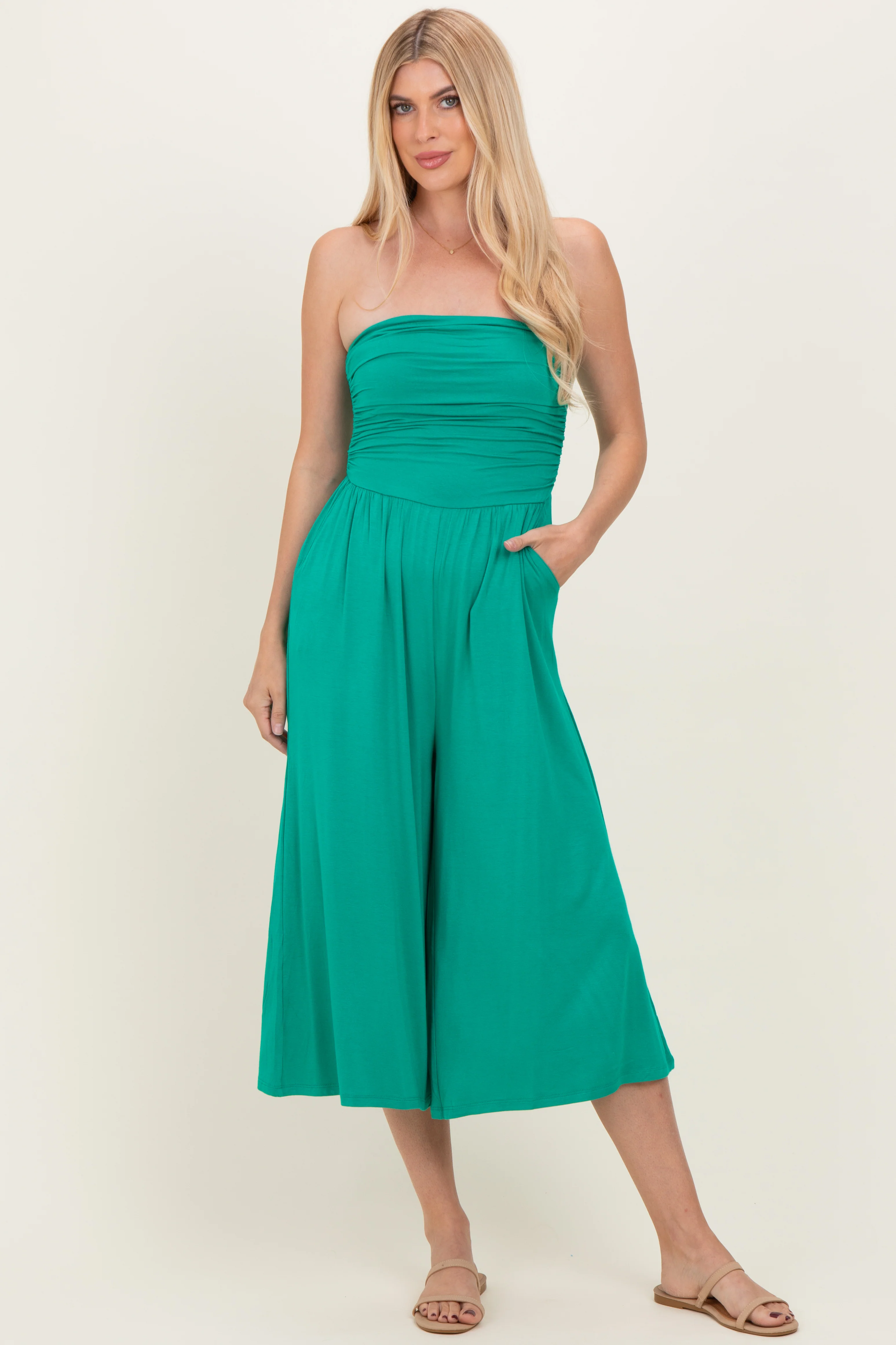 Kelly Green Double Layered Strapless Tube Top Maternity Jumpsuit - Image 4