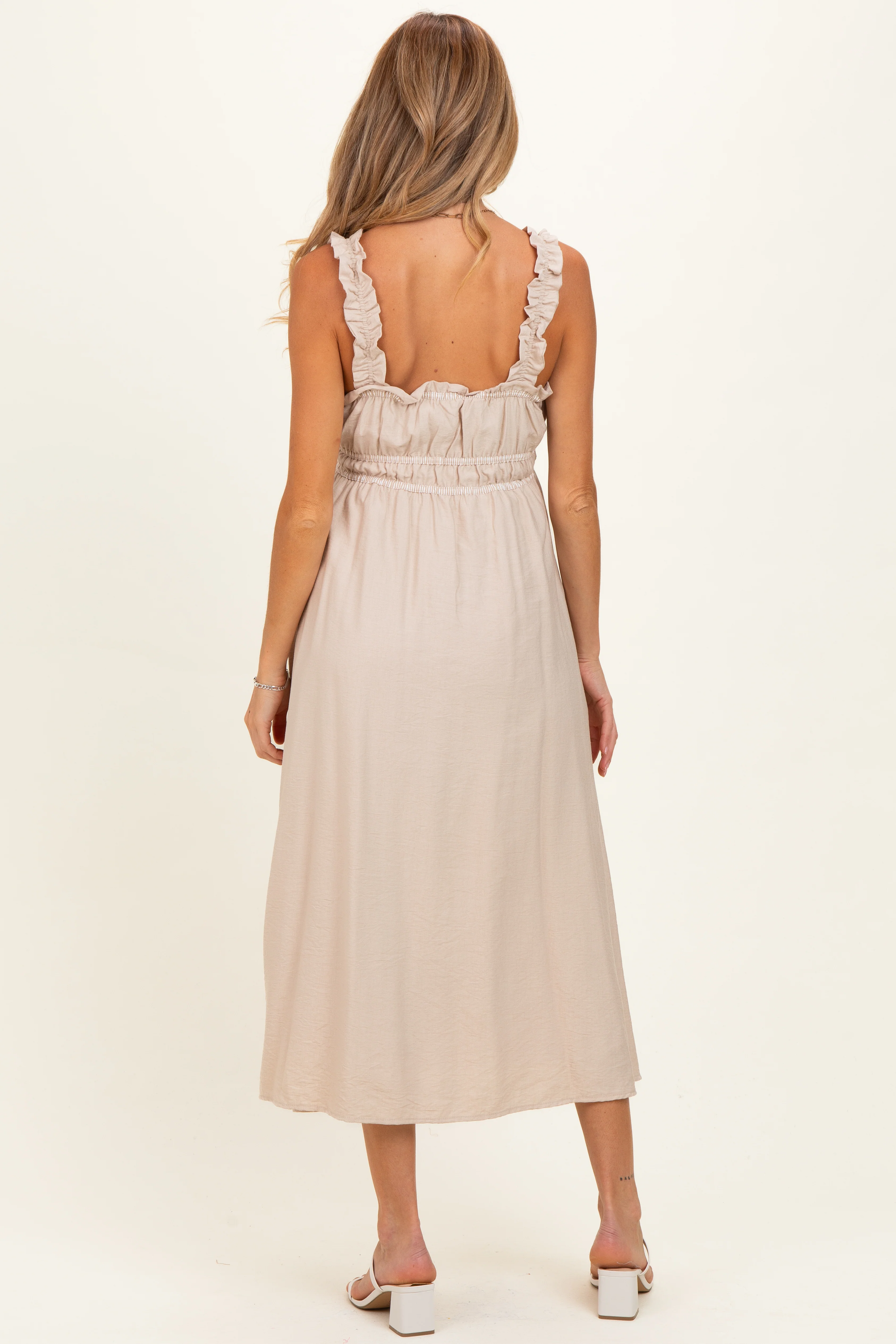 Khaki Front Tie Sleeveless Maternity Midi Dress - Image 3