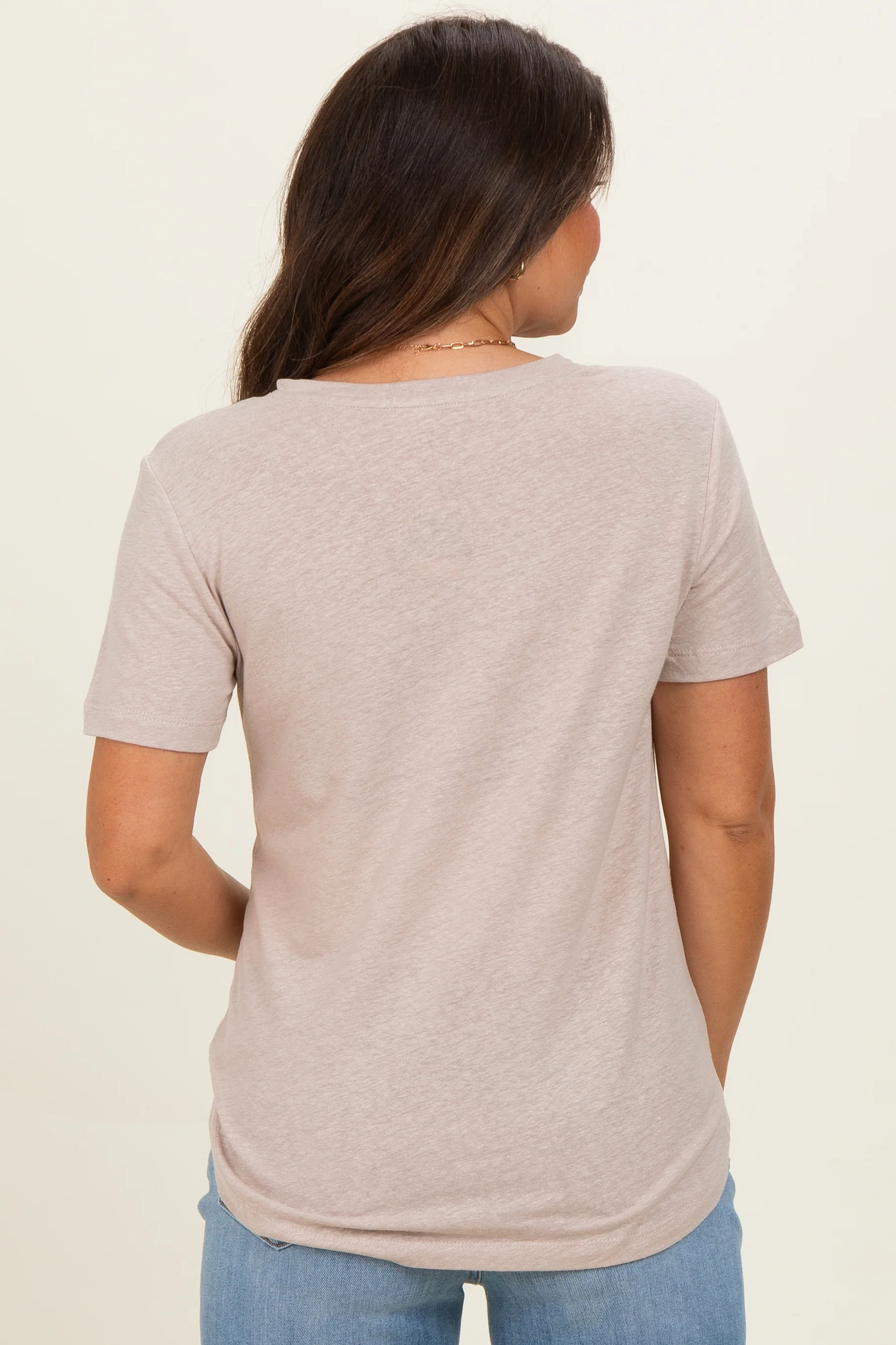 Khaki Linen Blend V-Neck Short Sleeve Maternity T-Shirt - Image 3