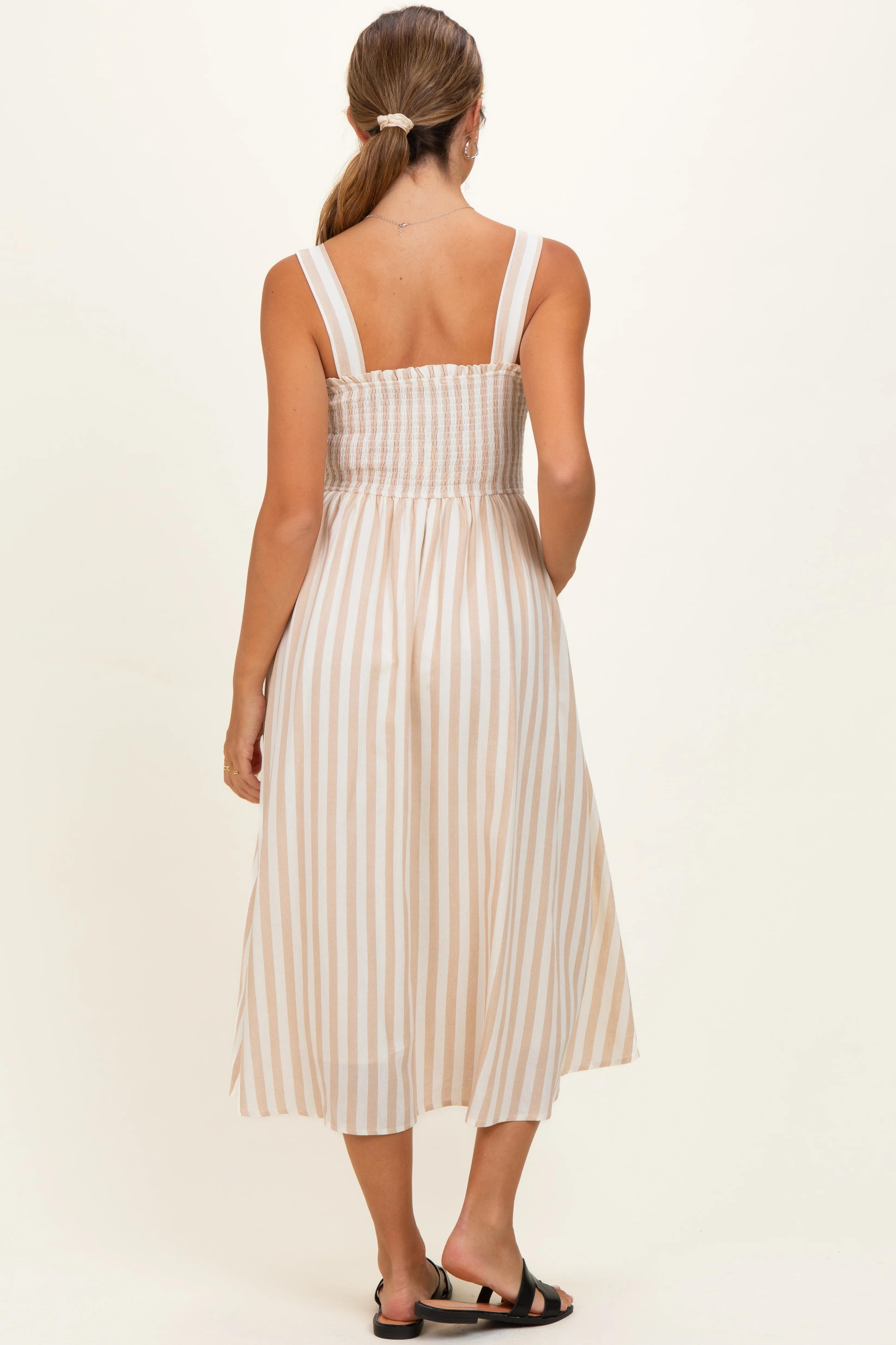 Khaki Striped Smocked Sleeveless Maternity Midi Dress - Image 3