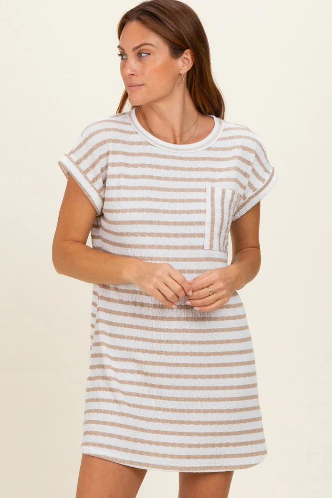 Khaki Textured Stripe Knit Maternity T-Shirt Dress - Image 5