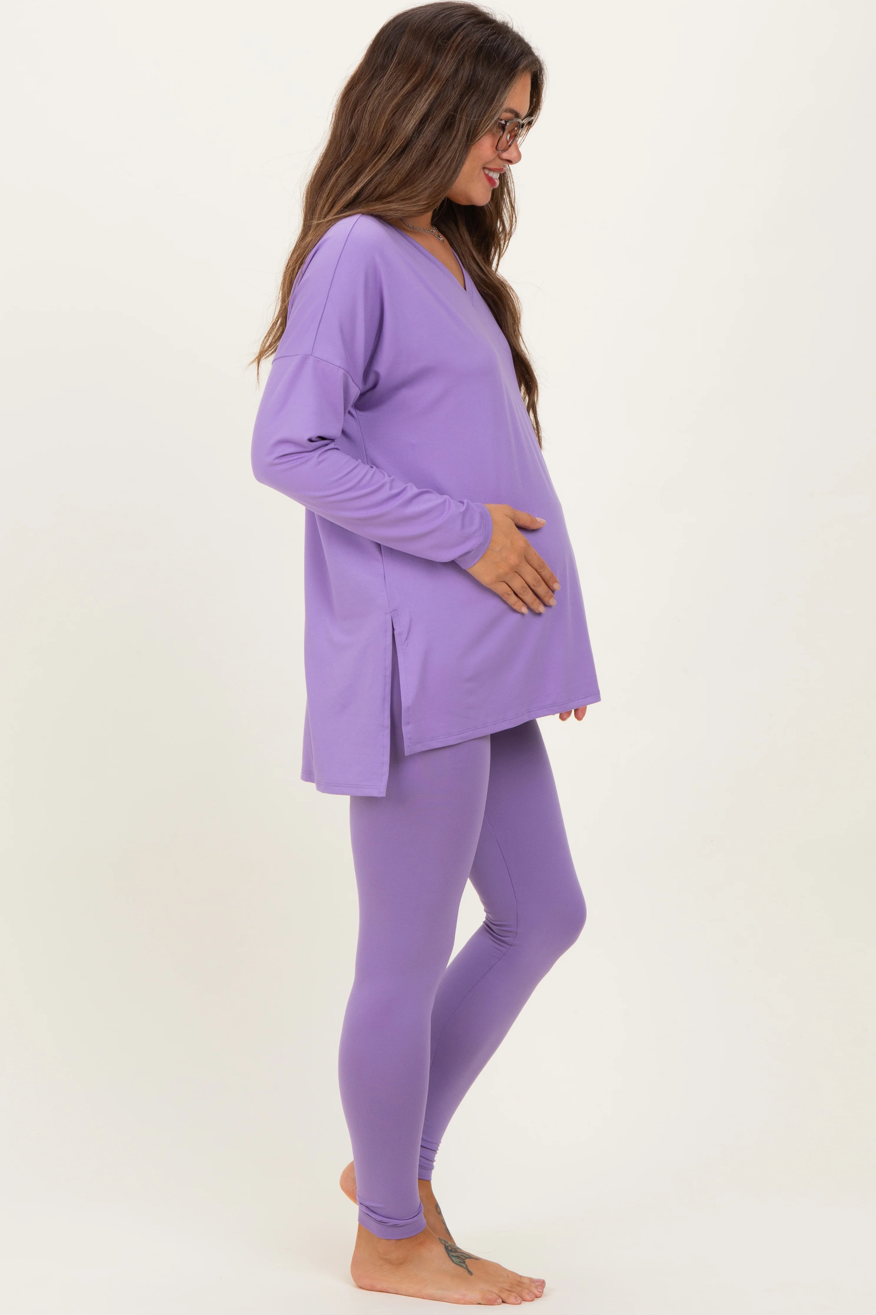 Lavender Brushed Knit Maternity Oversized Top and Legging Set - Image 3