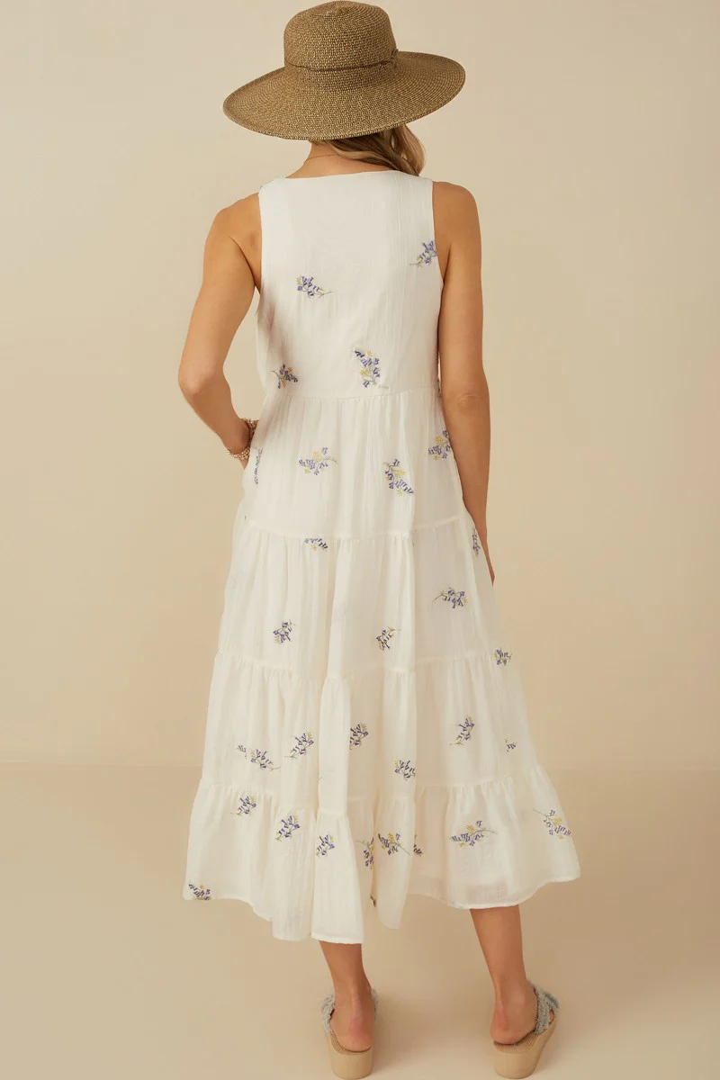 Lavender Ditsy Floral Embroidered V Neck Tiered Dress - Image 3