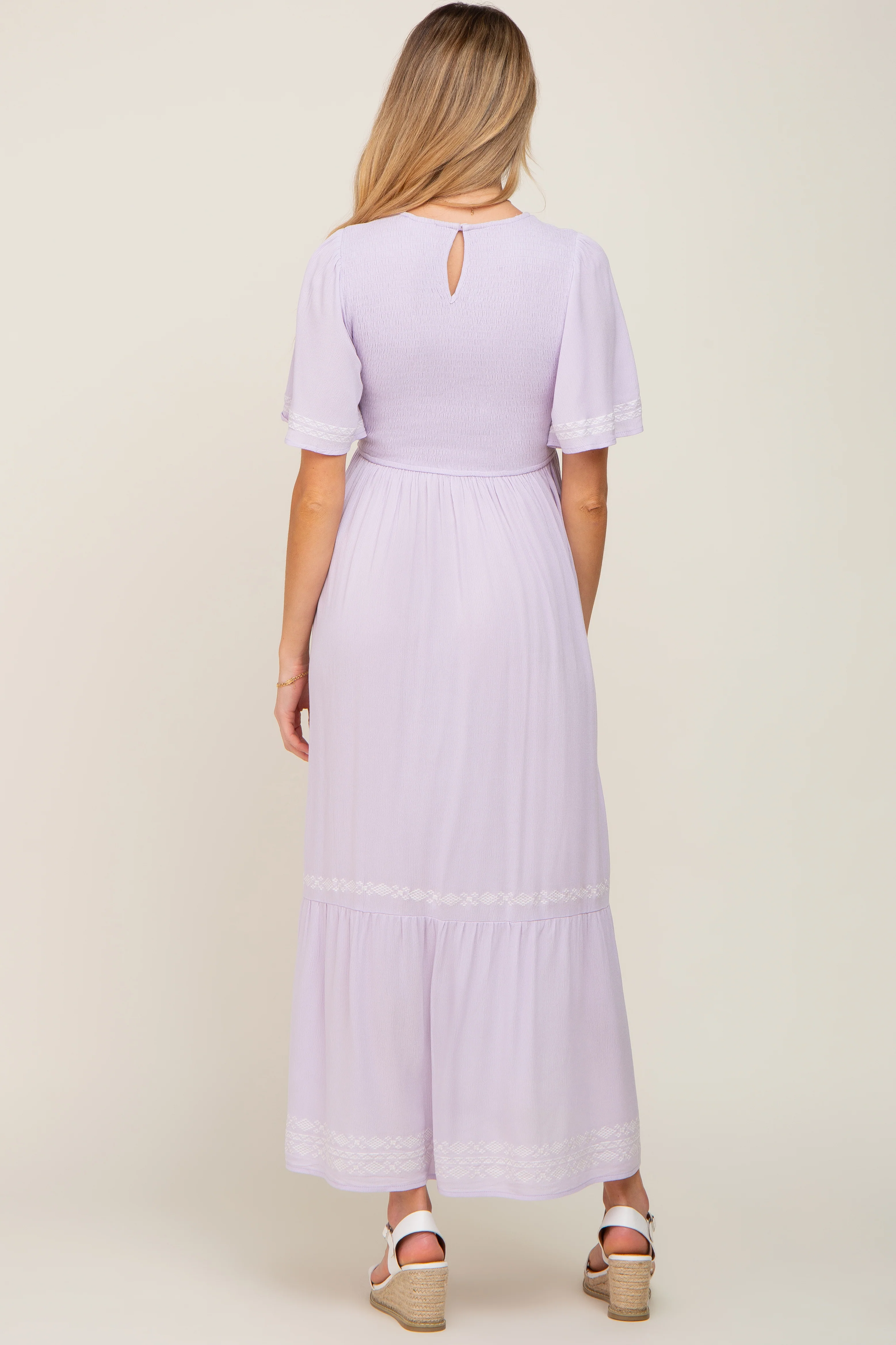 Lavender Embroidered Accent Maternity Maxi Dress - Image 3