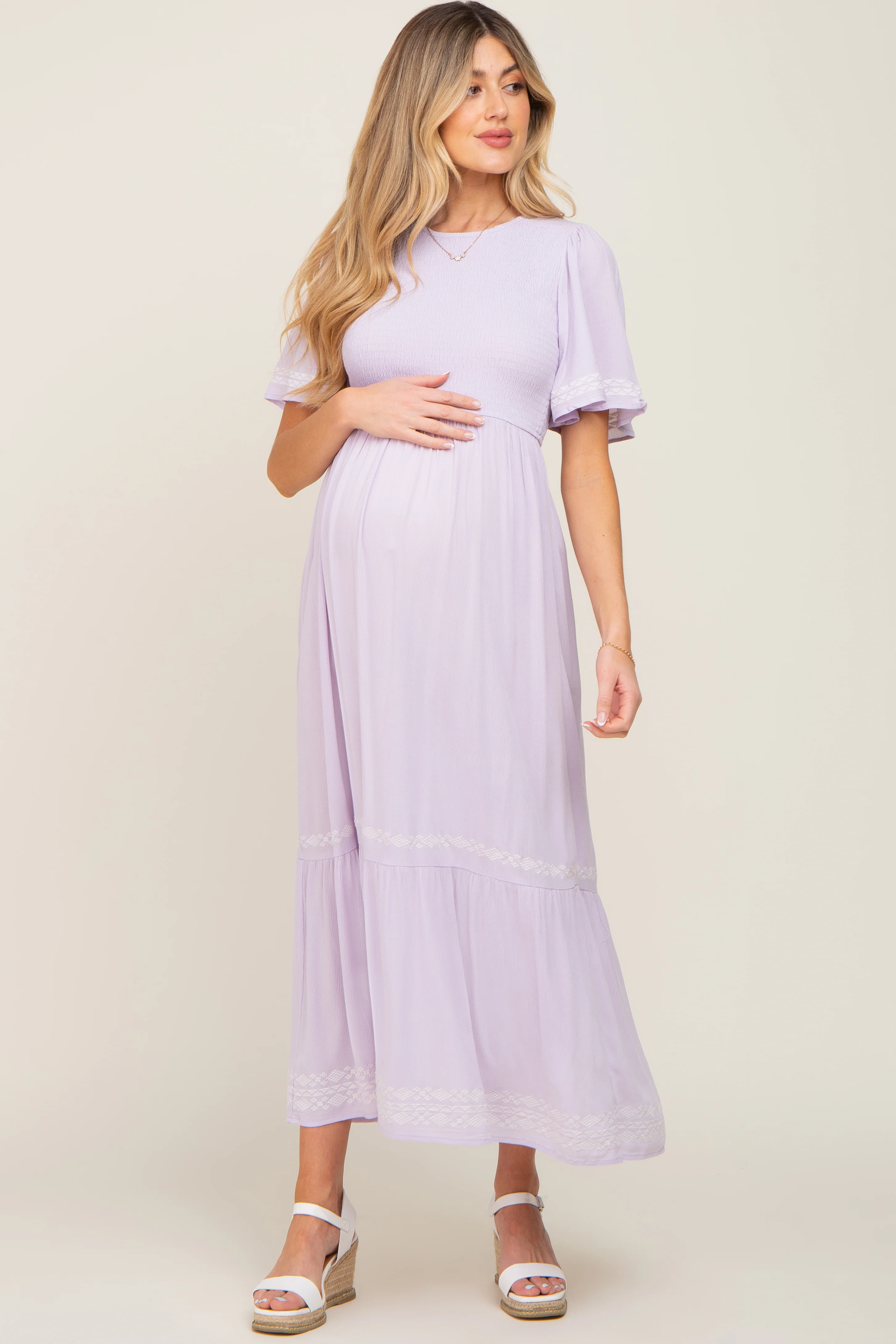 Lavender Embroidered Accent Maternity Maxi Dress - Image 4