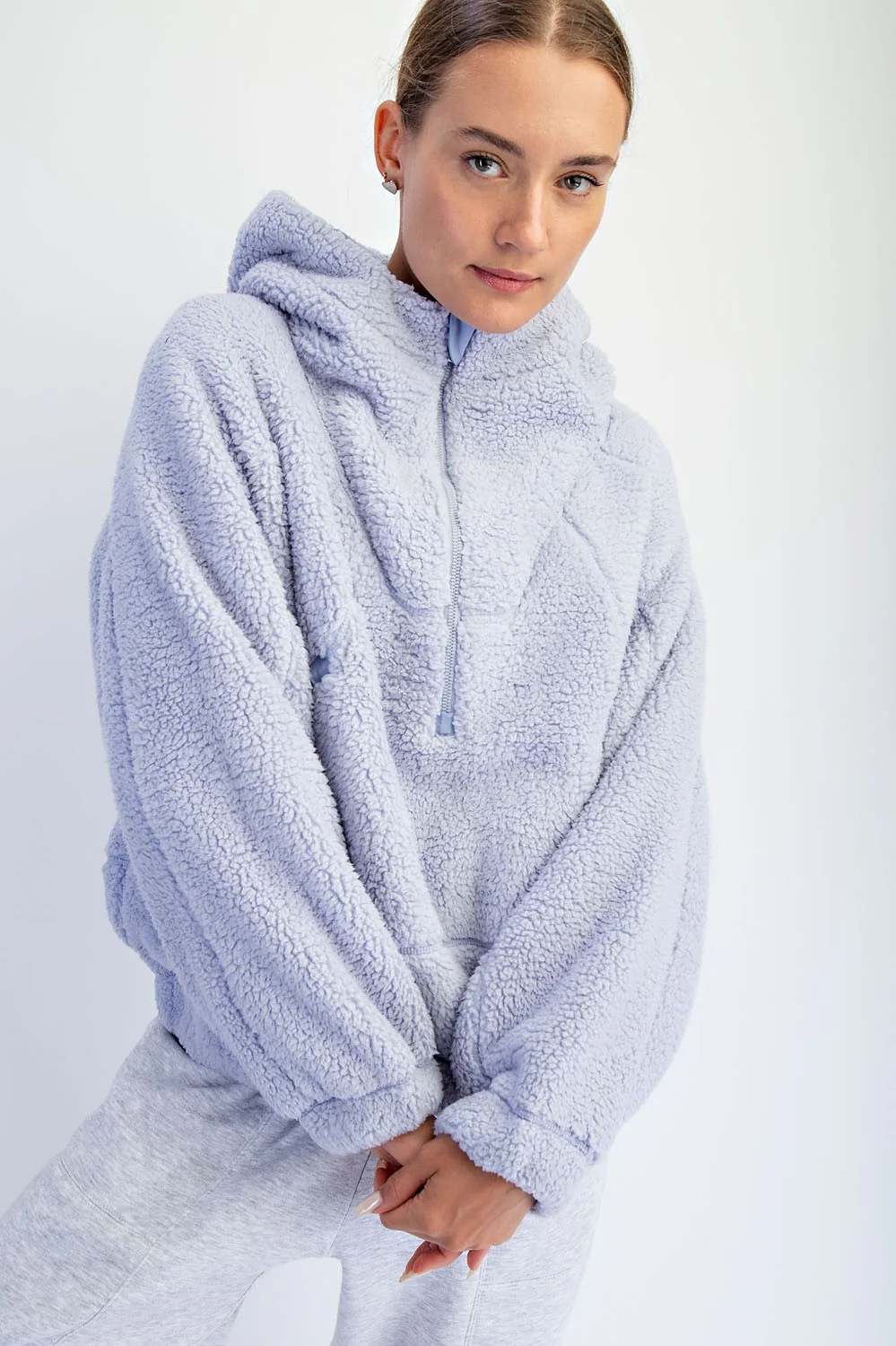 Lavender Faux Sherpa Quarter Zip Maternity Hoodie - Image 5