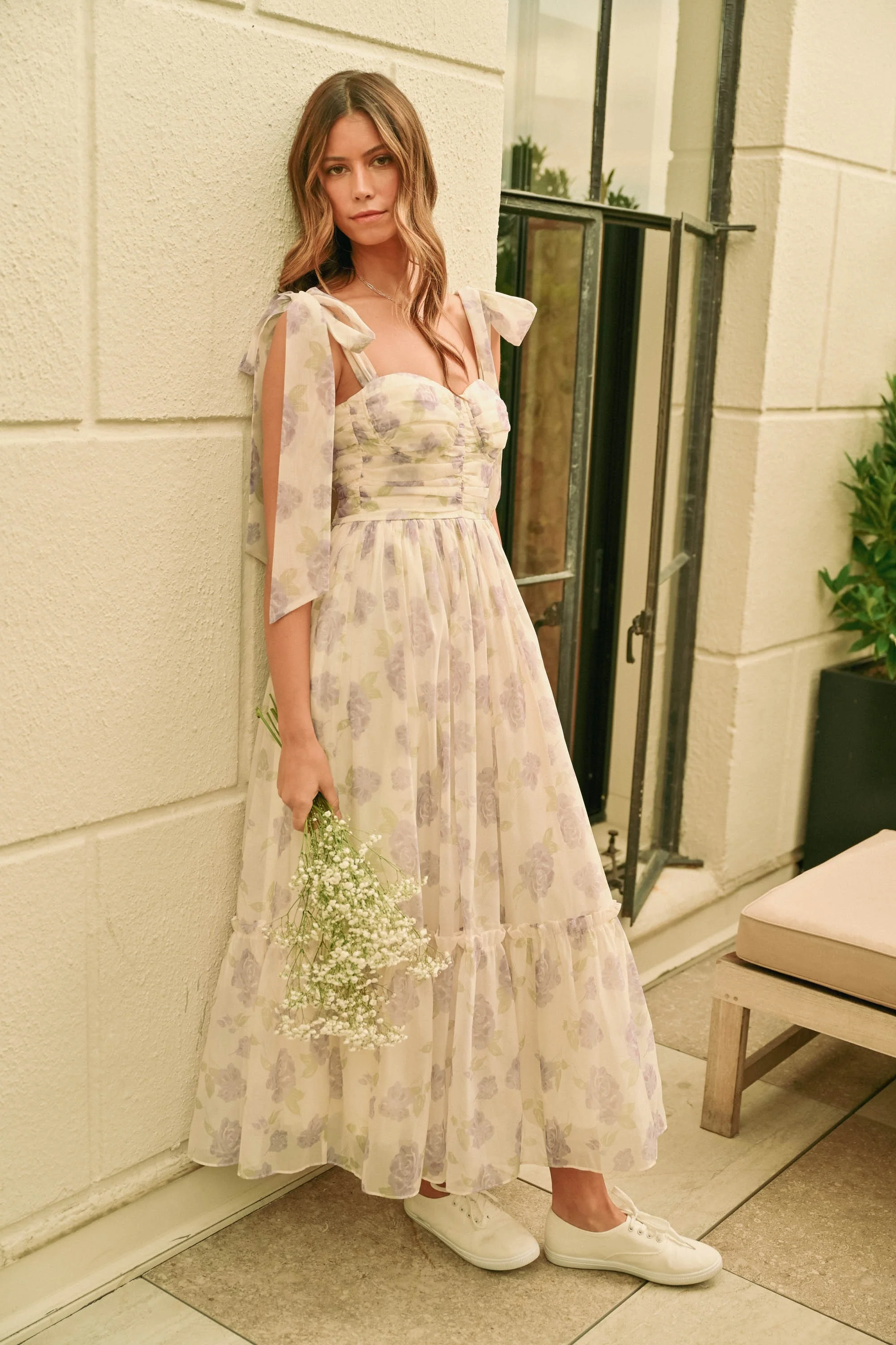 Lavender Floral Chiffon Shoulder Tie Midi Dress - Image 2