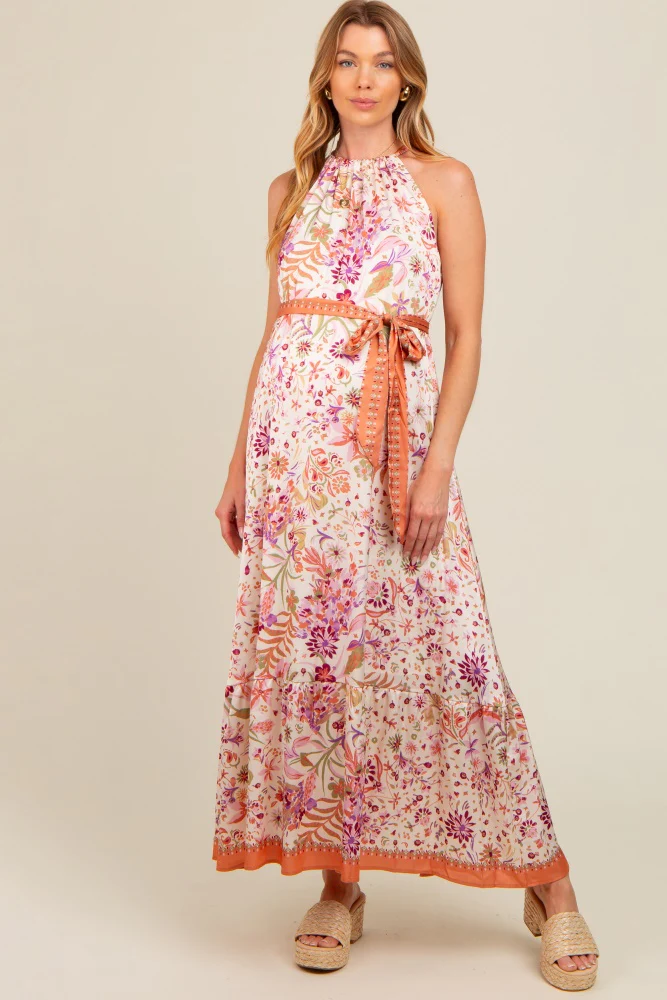 Lavender Floral Halter Front Tie Maternity Maxi Dress - Image 2