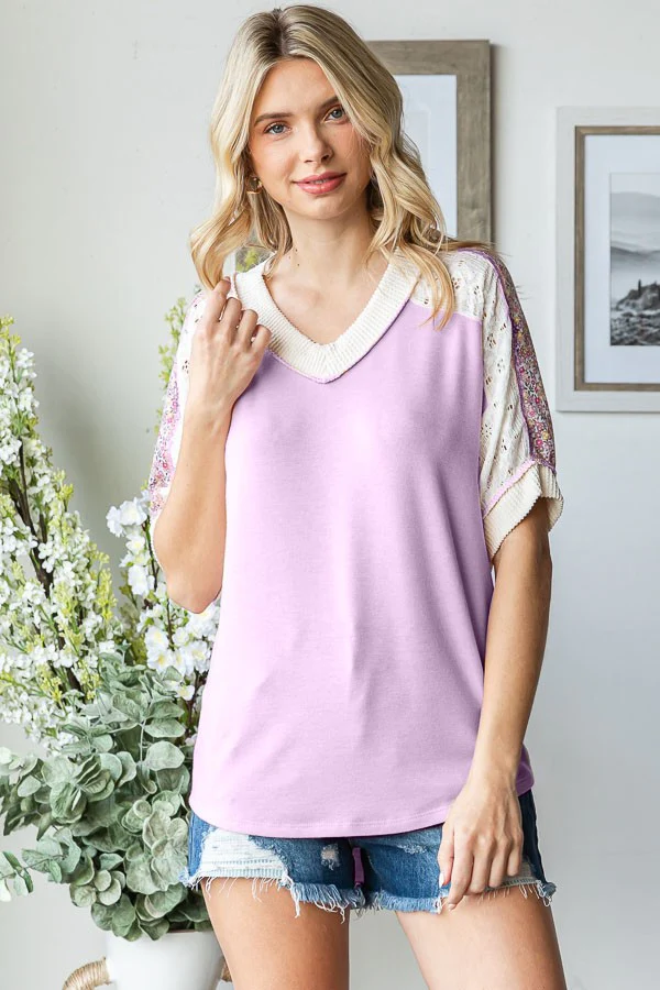 Lavender Floral Lace Inset Short Sleeve Top - Image 2