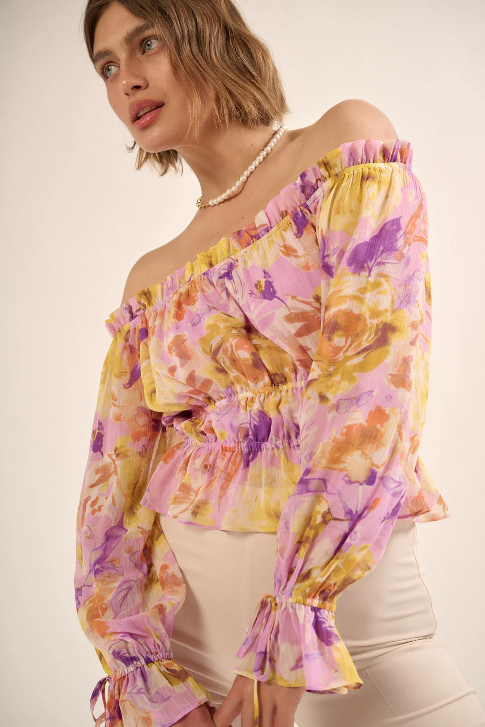 Lavender Floral Off-Shoulder Neck Chiffon Blouse - Image 2
