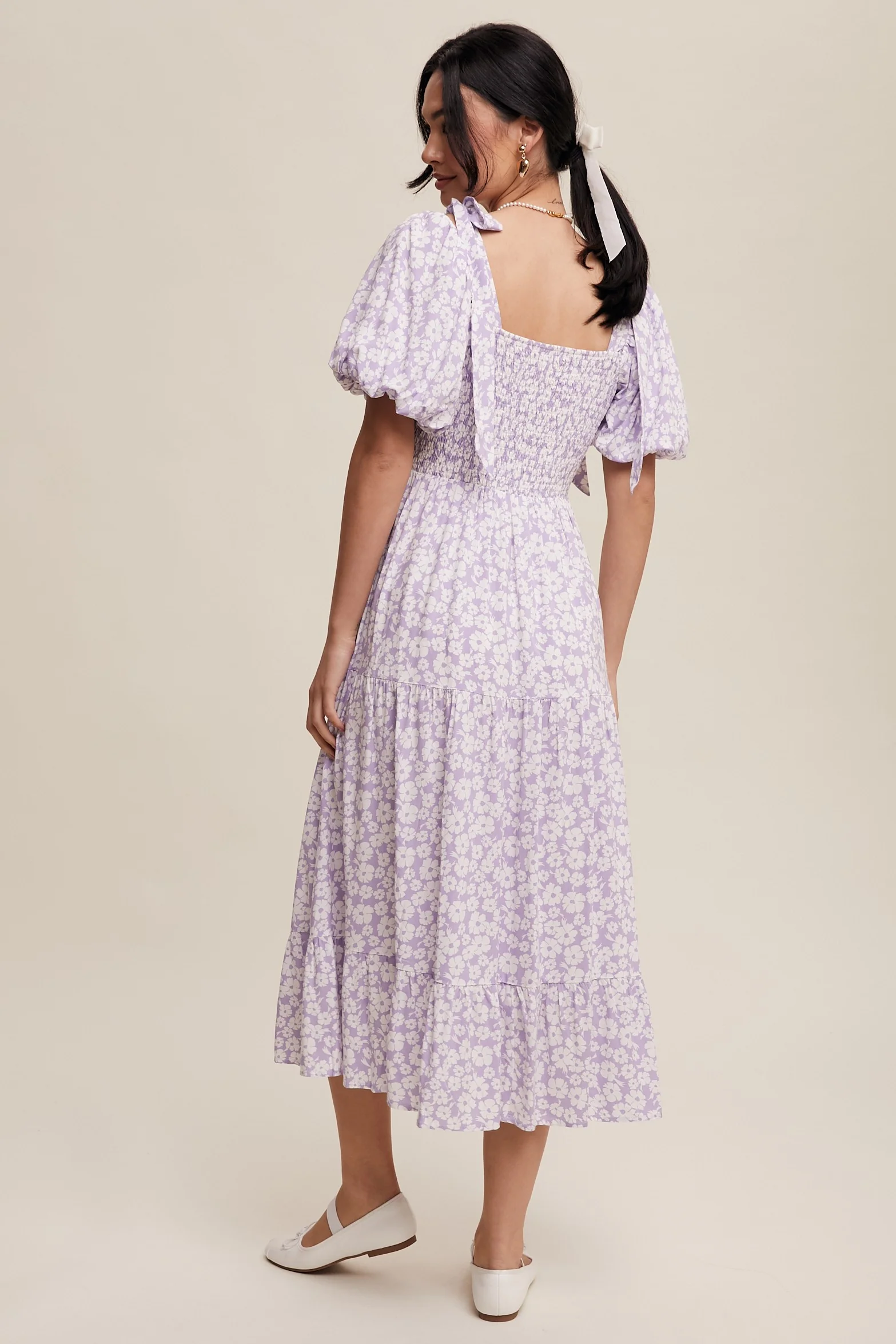 Lavender Floral Off Shoulder Smocked Dress - Image 4